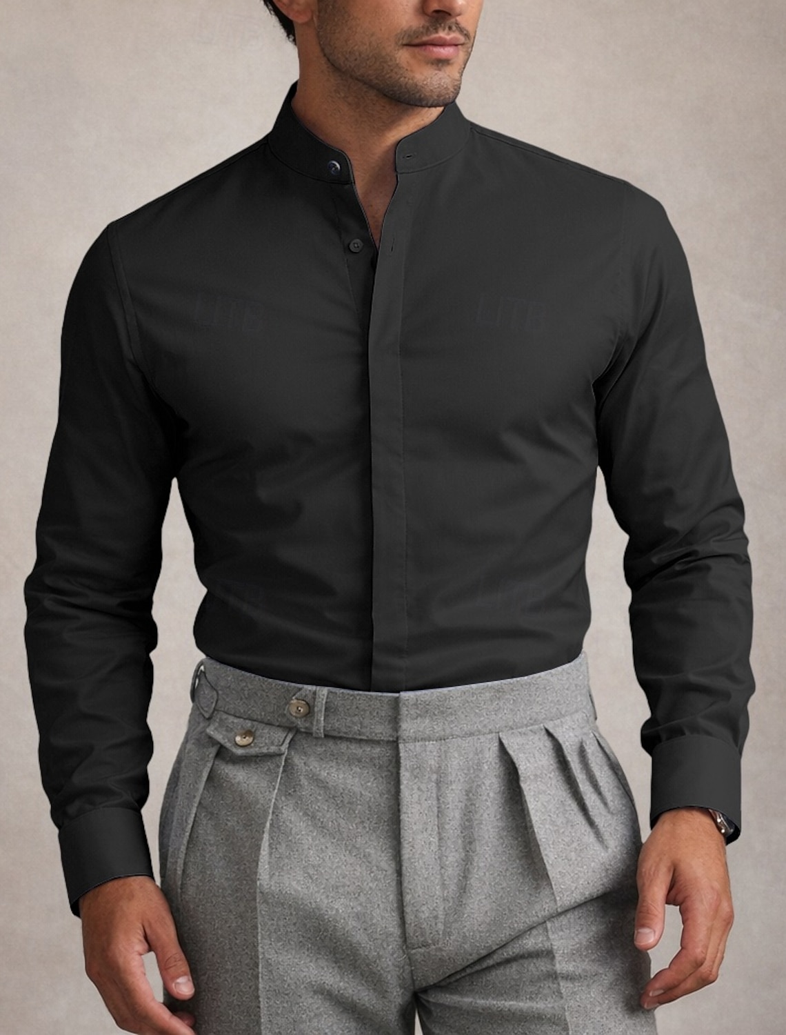 Men's Shirt Dress Shirt Non Iron Shirt Plain Daily Business Light Yellow Light Blue Black White Long Sleeve Grandad Collar All Seasons Clothing Apparel