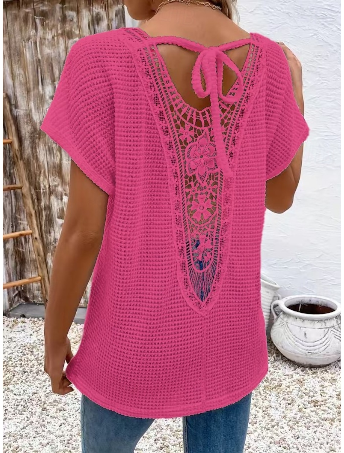 Women's Blouse Lace Solid Color Stylish Casual Short Sleeve V Neck Regular Tops Daily Blue Black White Orange Grey Summer Spring Fall