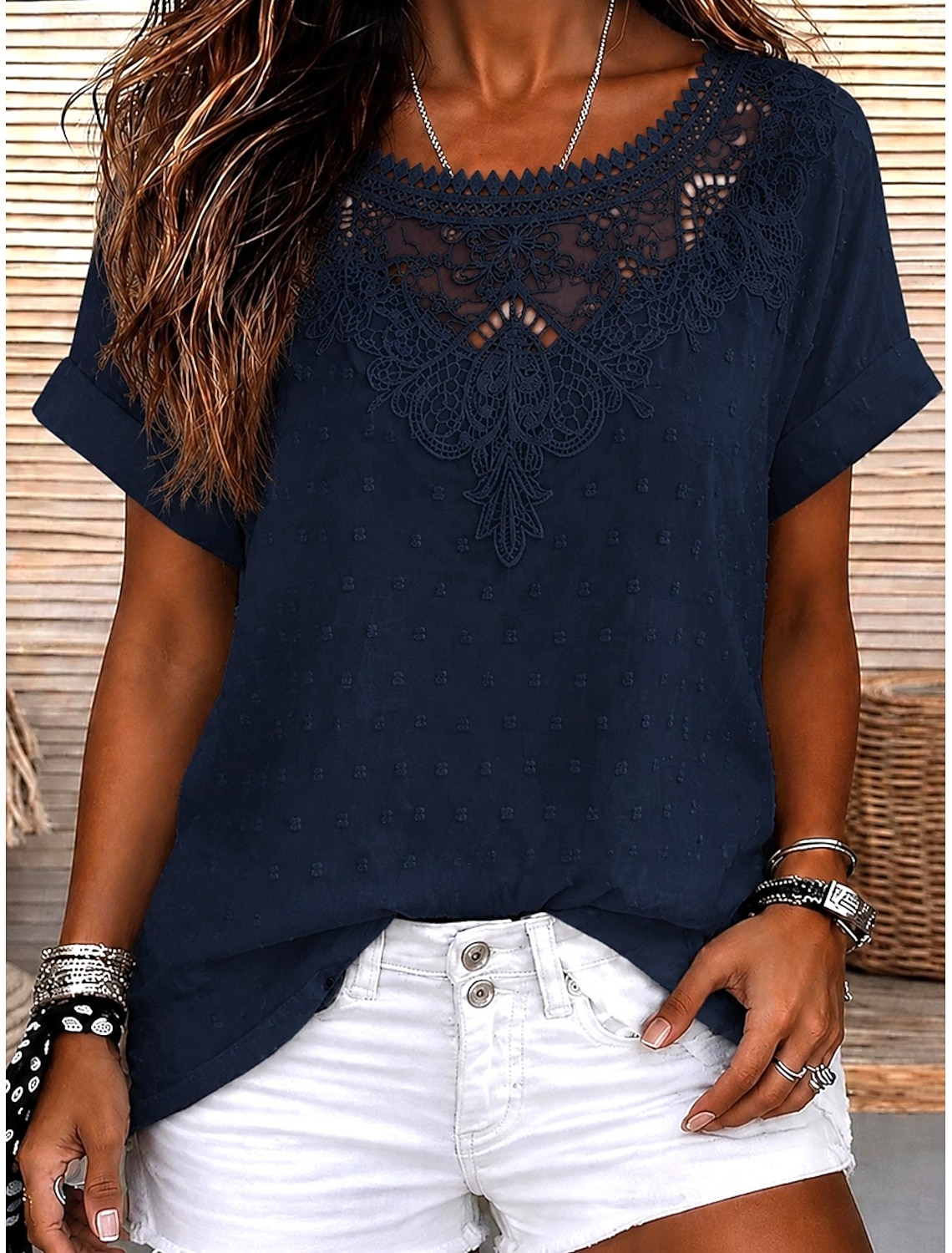Women's Blouse Lace Solid Color Stylish Casual Short Sleeve V Neck Regular Tops Daily Blue Black White Orange Grey Summer Spring Fall