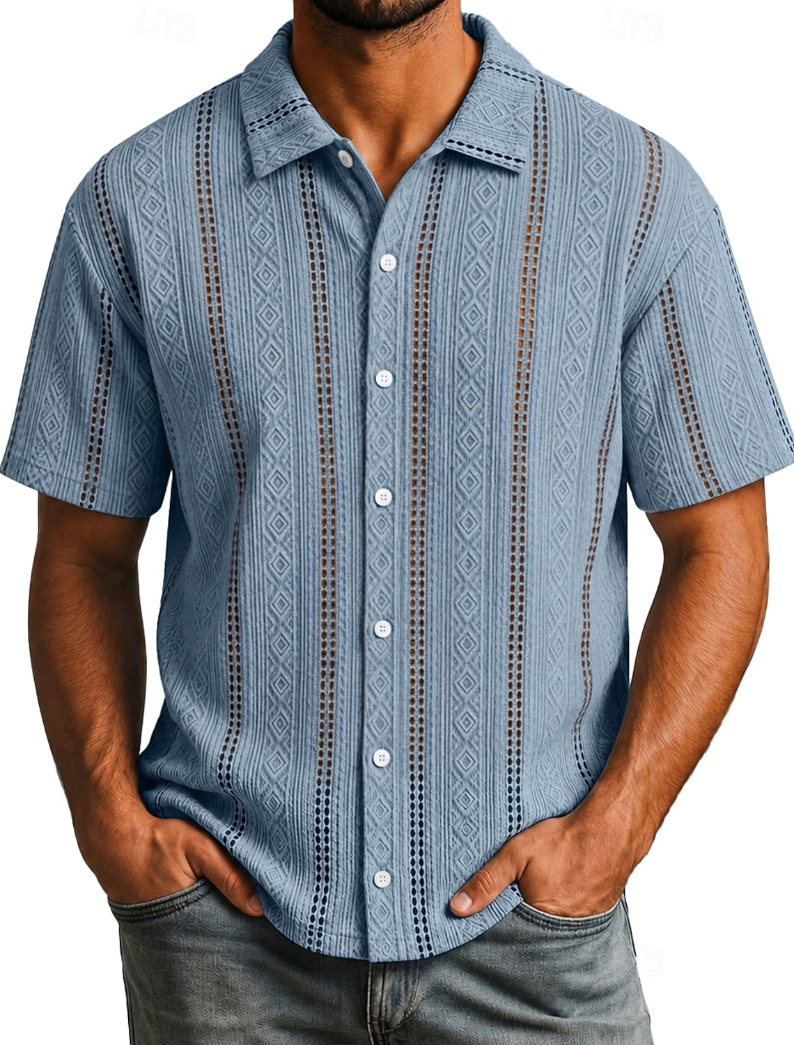 Men Shirt Texture Casual Shirt Button Up Shirt Jacquard Shirt Black White Light Green Purple Light Blue Short Sleeve Plain Shirt Collar Casual Daily Hollow Out Clothing Apparel Elegant Fashion Casual