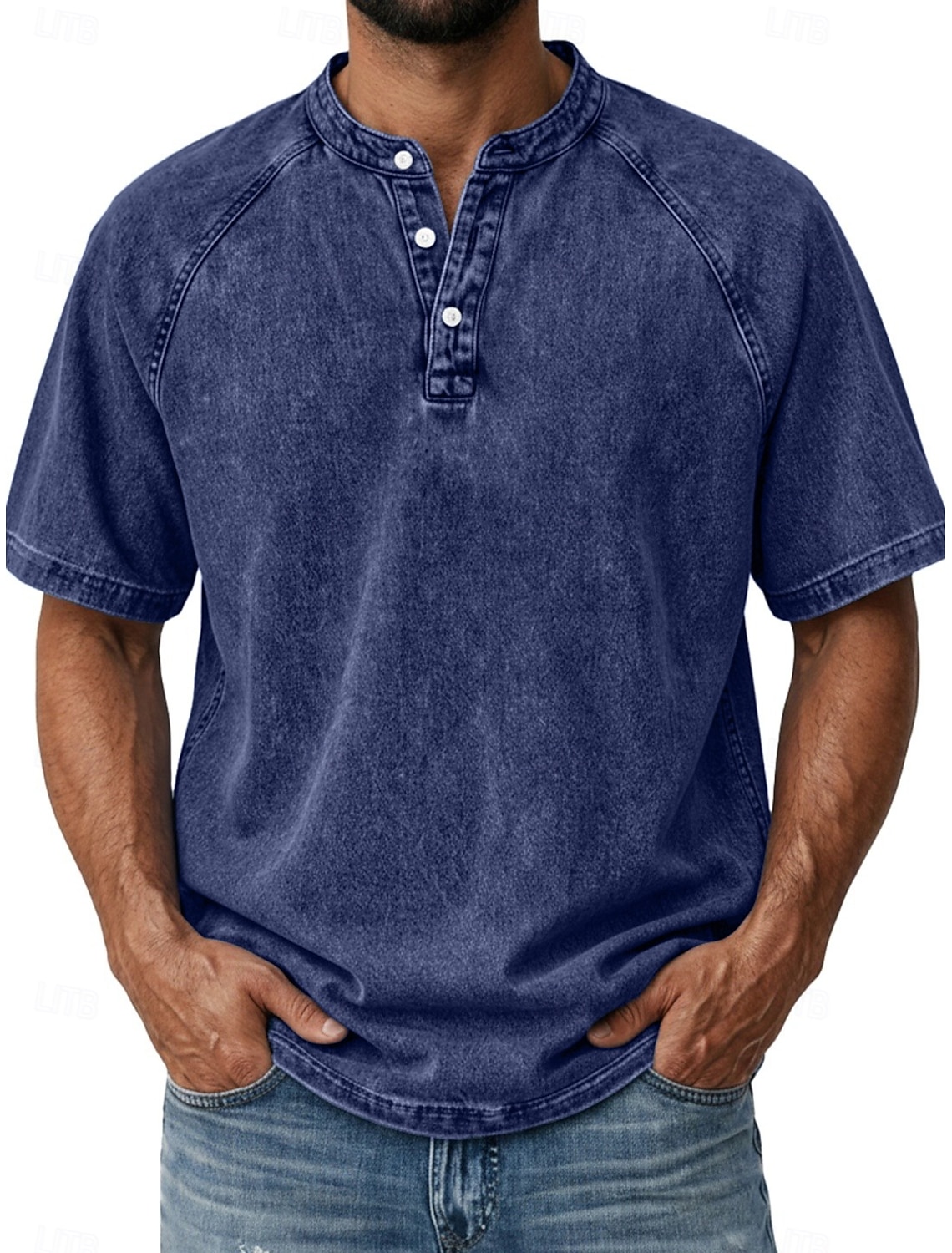 Men's T Shirt Demin 100% Cotton Acid Wash Henley Top Short Sleeve