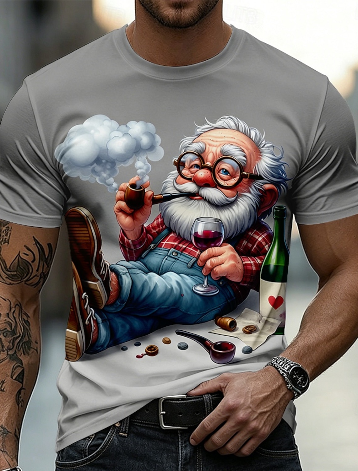 Funny 3D Graphic Cool Old Man with White Beard & Sunglasses Men's Teal T-Shirt - Quirky Grandpa Caricature Design Short Sleeve Crew Neck Summer Beach Holiday Tee - Unique Father's Day Gift Apparel
