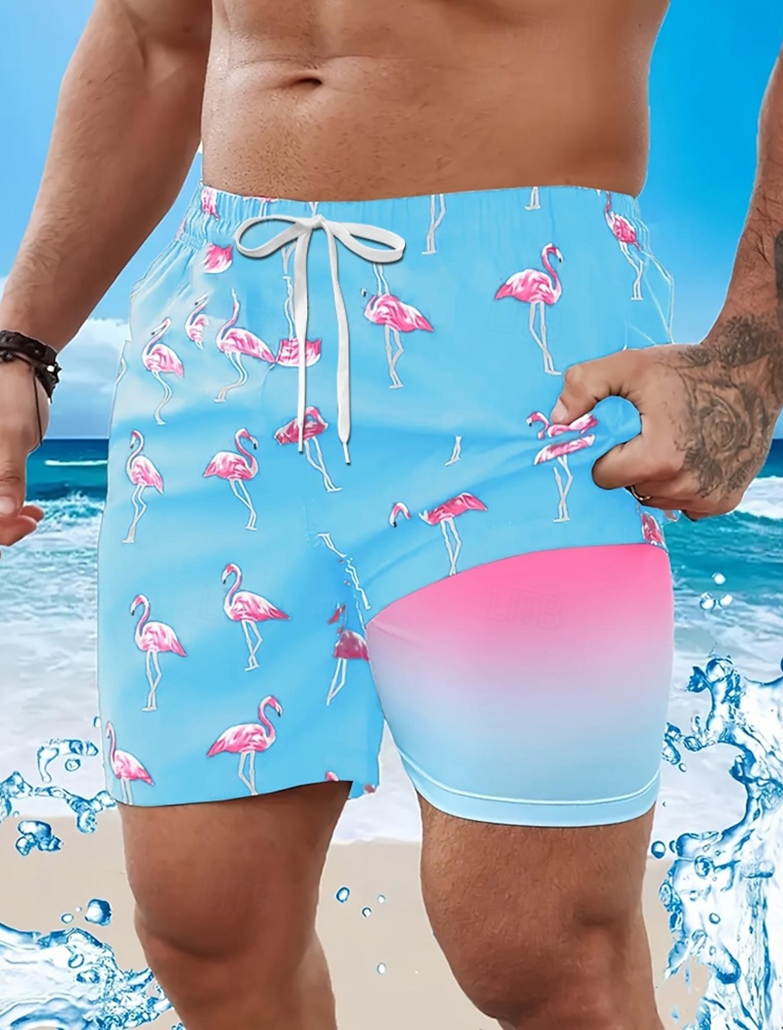 Men's Flamingo Bird Lined Shorts Swim Board Mid Waist Hawaiian