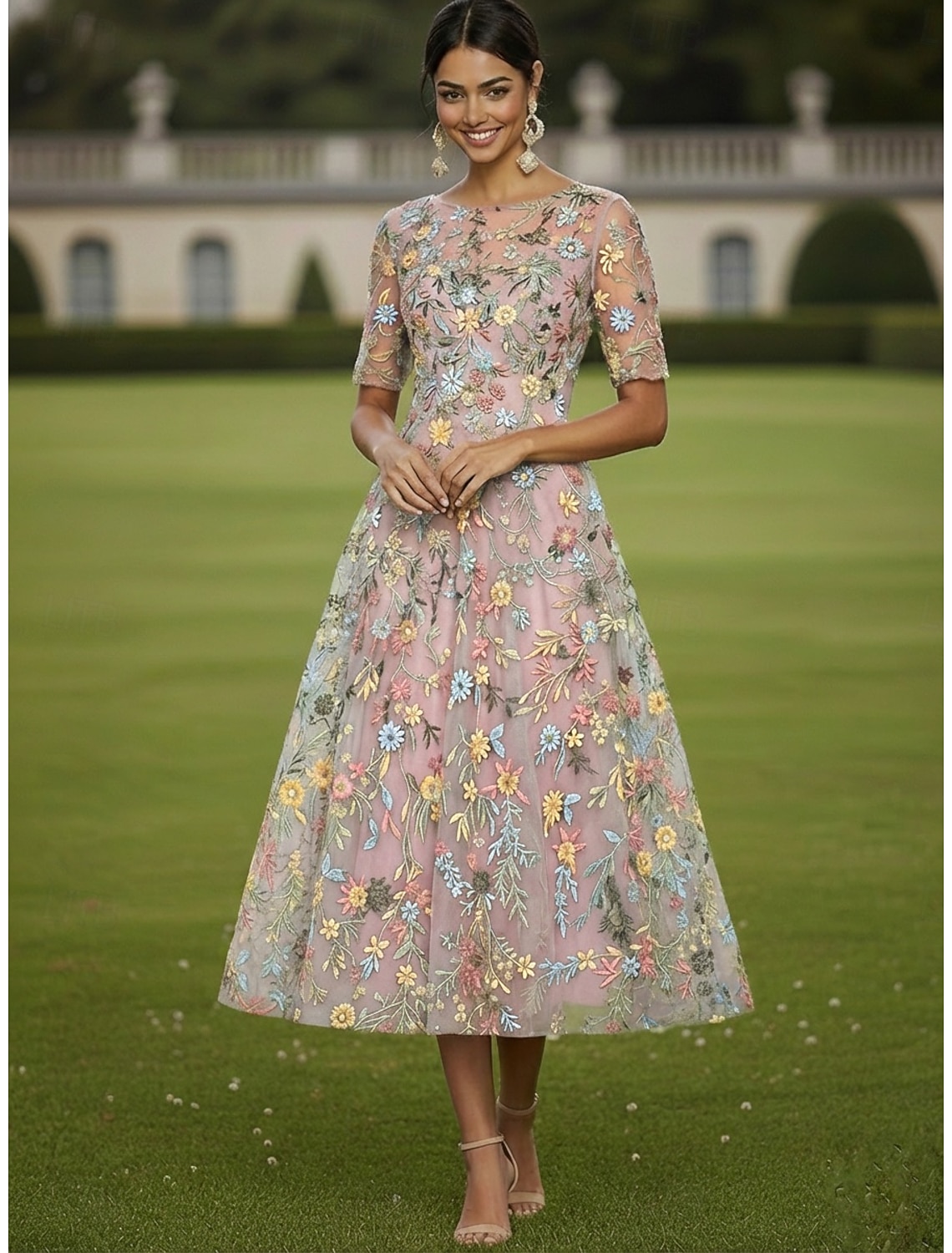 A-Line Dress Tea Length Cocktail Dress Wedding Guest Dress Mother of the Bride Dress Half Sleeve Crew Neck Boat Neck Elegant Casual Formal Kentucky Derby Semi Formal Tulle with Embroidery Appliques