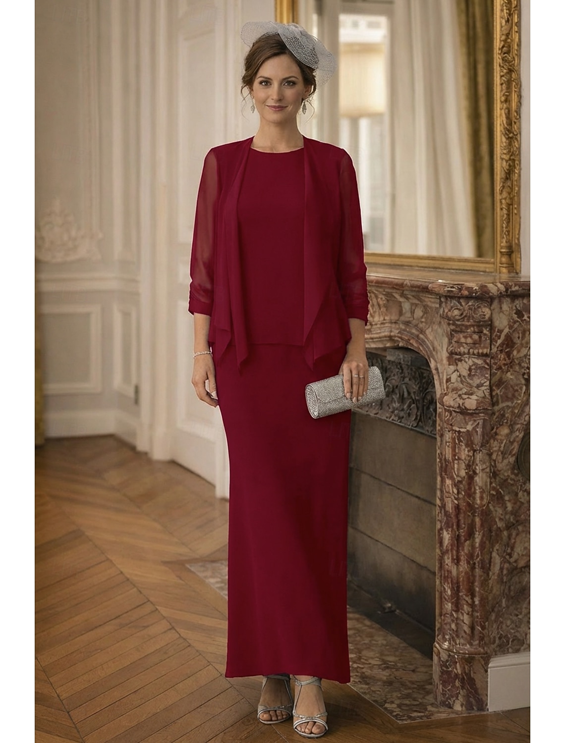 Two Piece Sheath Column Floor Length Wedding Guest Dress Mother of the Bride Dress Long Sleeve Scoop Neck Elegant Formal Wedding Guest Chiffon Wrap Included with Solid Color