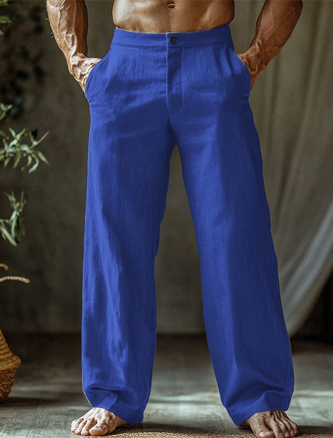 Men's Linen Pants Trousers Summer Pants Beach Pants Buttons Pocket Straight Leg Plain Comfort Breathable Vacation Daily Holiday Hawaiian Boho Black White