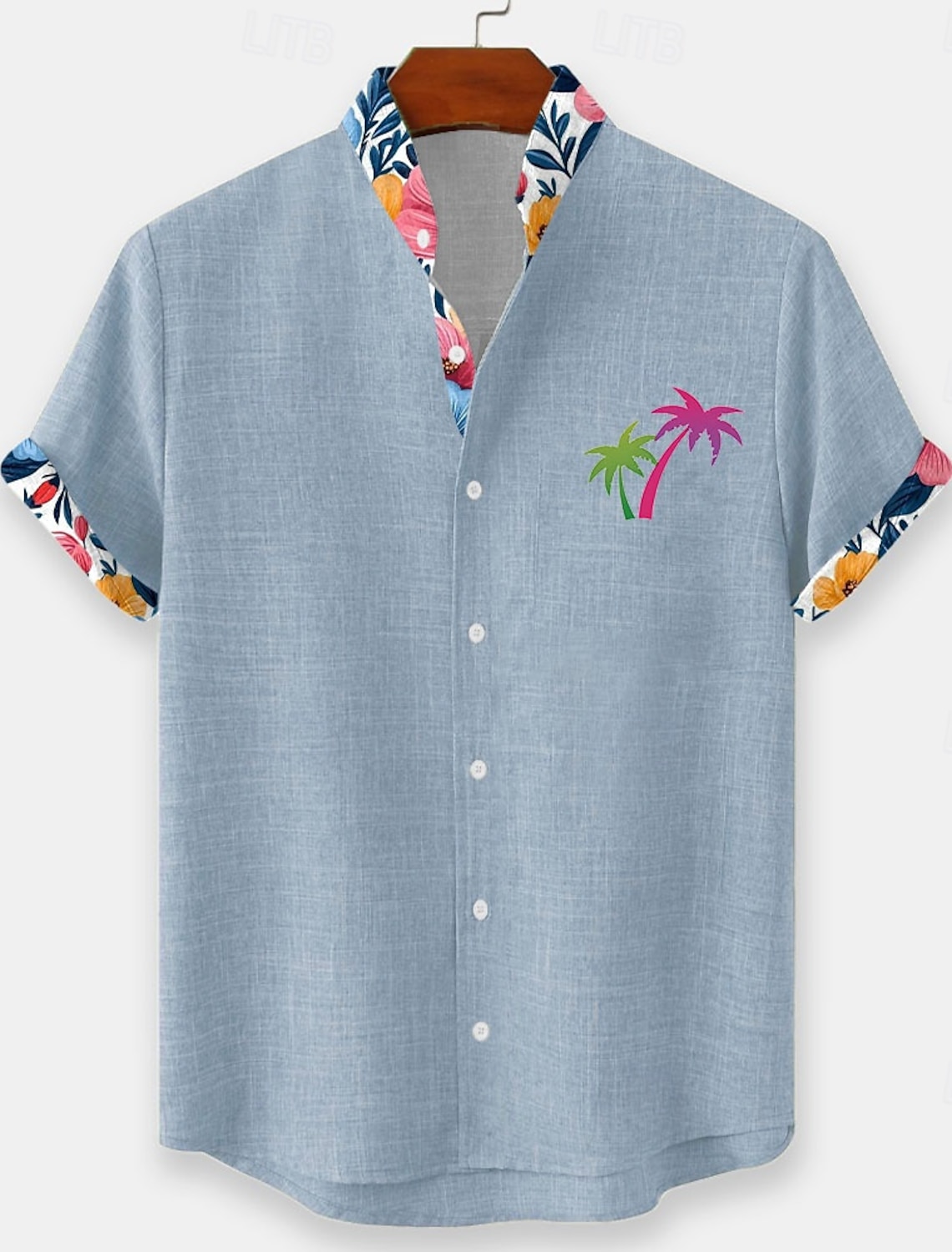 Men's Coconut Tree Tropical Plants Flowers Summer Hawaiian Shirt Button Up Shirt Stand Collar Shirt Short Sleeve Hawaiian Beach Vacation Wear Summer Spring Mandarin Collar 3D Print Linen Like Shirt