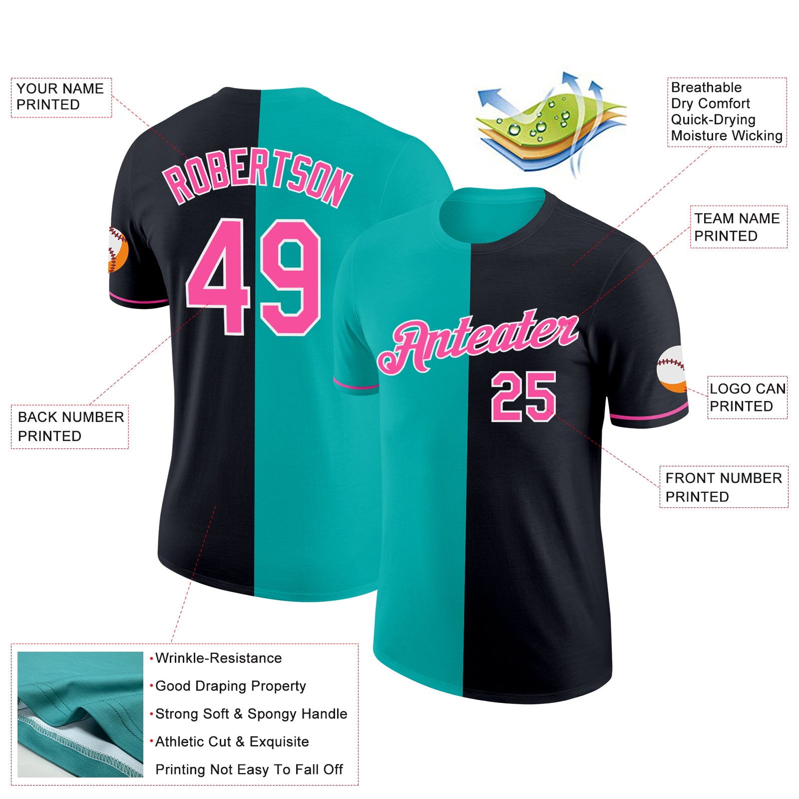 Custom Black Pink-Aqua Split Fashion Performance T-Shirt