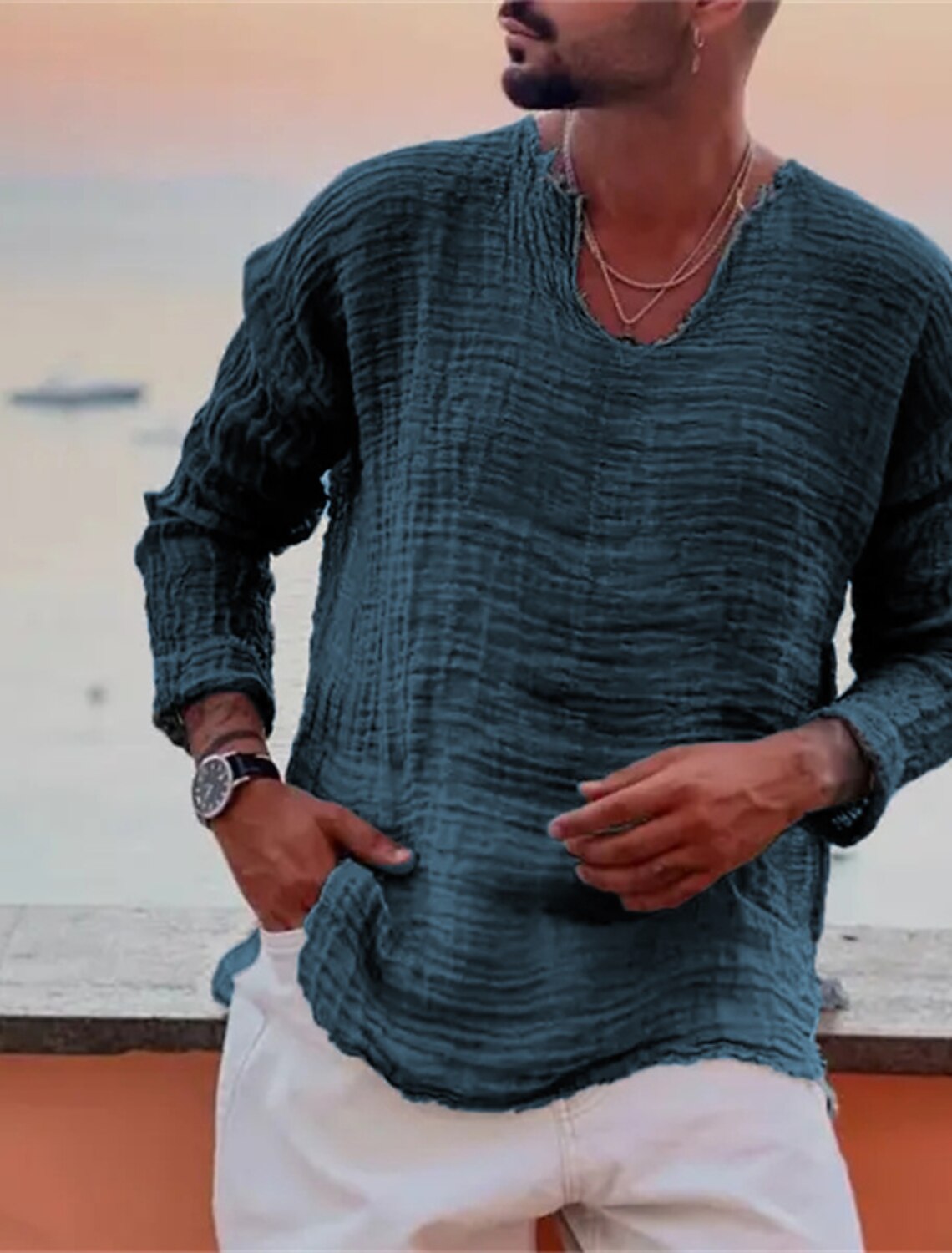 Men's Linen Shirt Summer Beach Wear Casual Plain Vacation Curise White