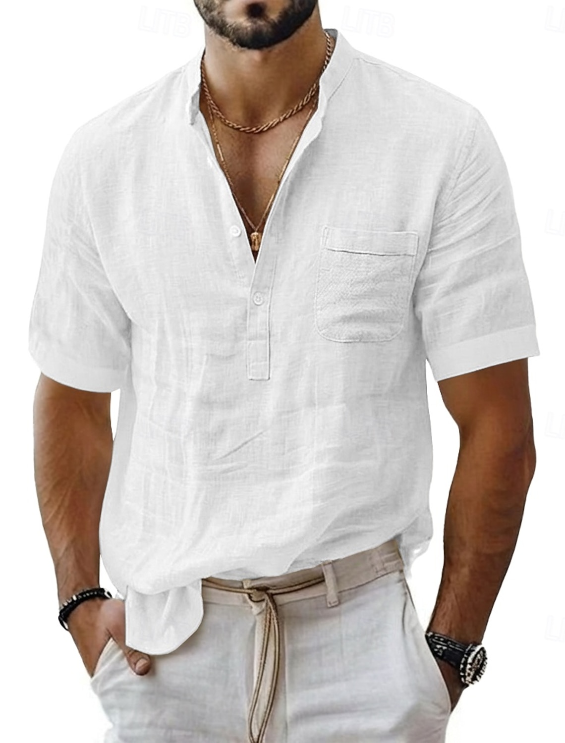 Men's Linen Shirt Popover Summer Beach Wear Band Collar Plain Casual