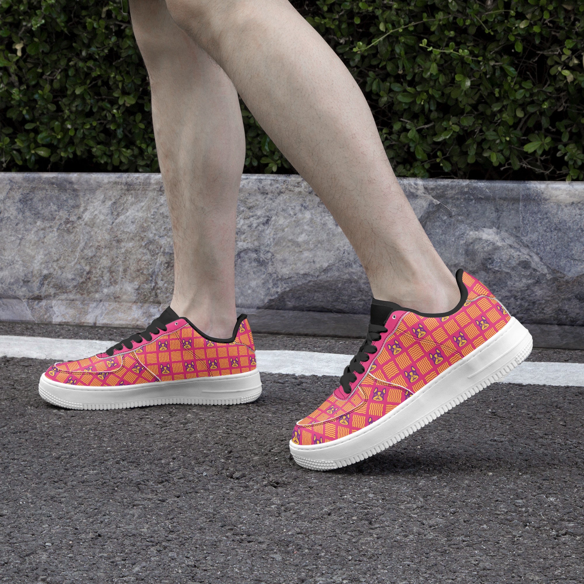 Pork - French Bulldog Themed Low-top Leather Sneakers Outdoor Style