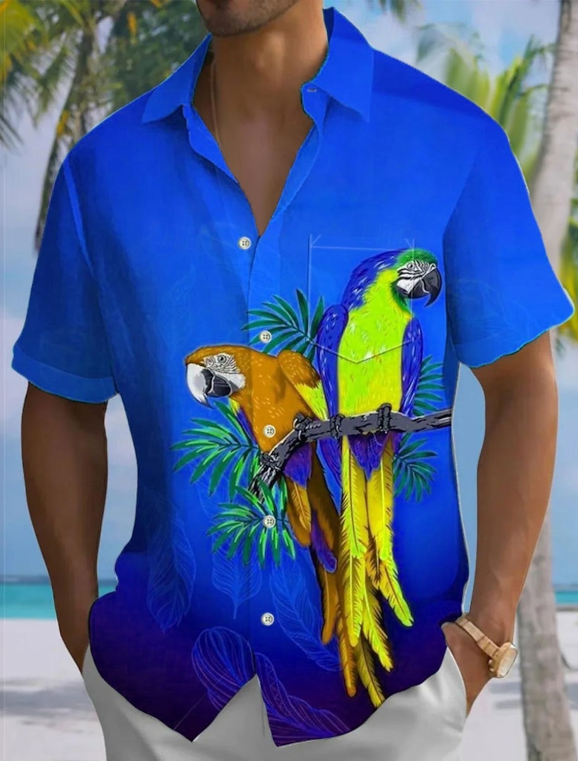 Men's Animal Parrot Gradient Color Summer Hawaiian Shirt Button Up