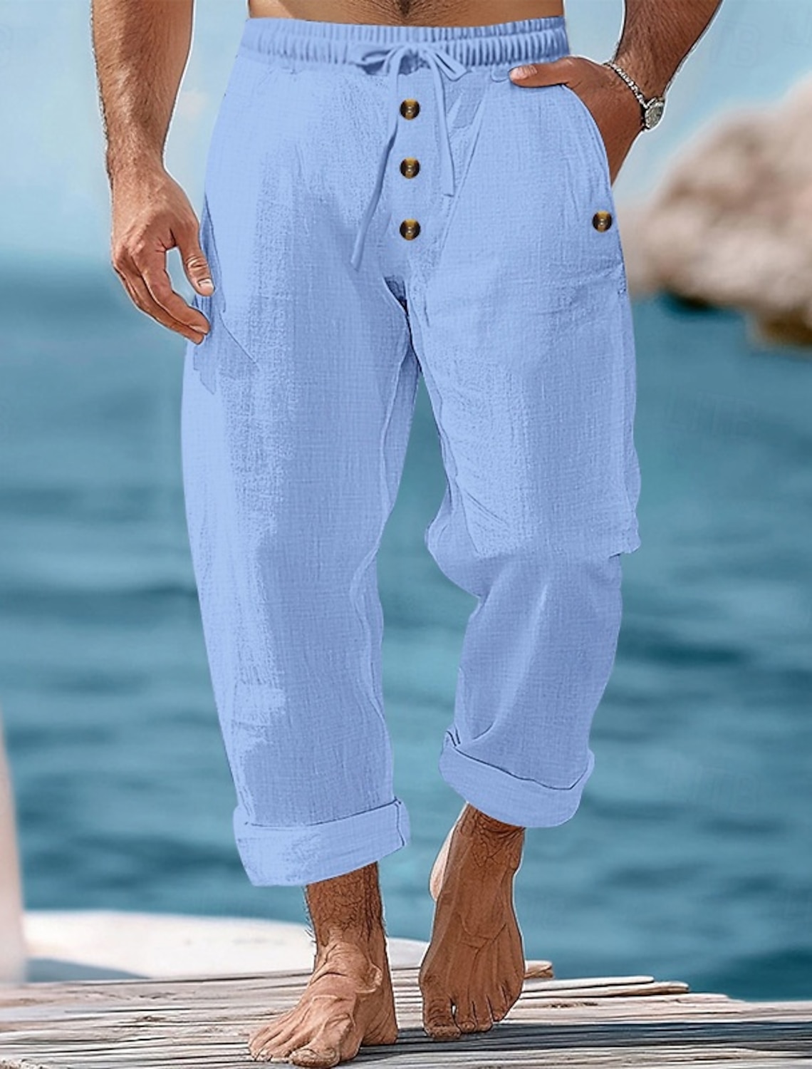 Men's Linen Pants Trousers Summer Pants Beach Pants Drawstring Elastic Waist Buttons Plain Comfort Breathable Full Length Casual Daily Holiday Vacation Fashion Khaki Black