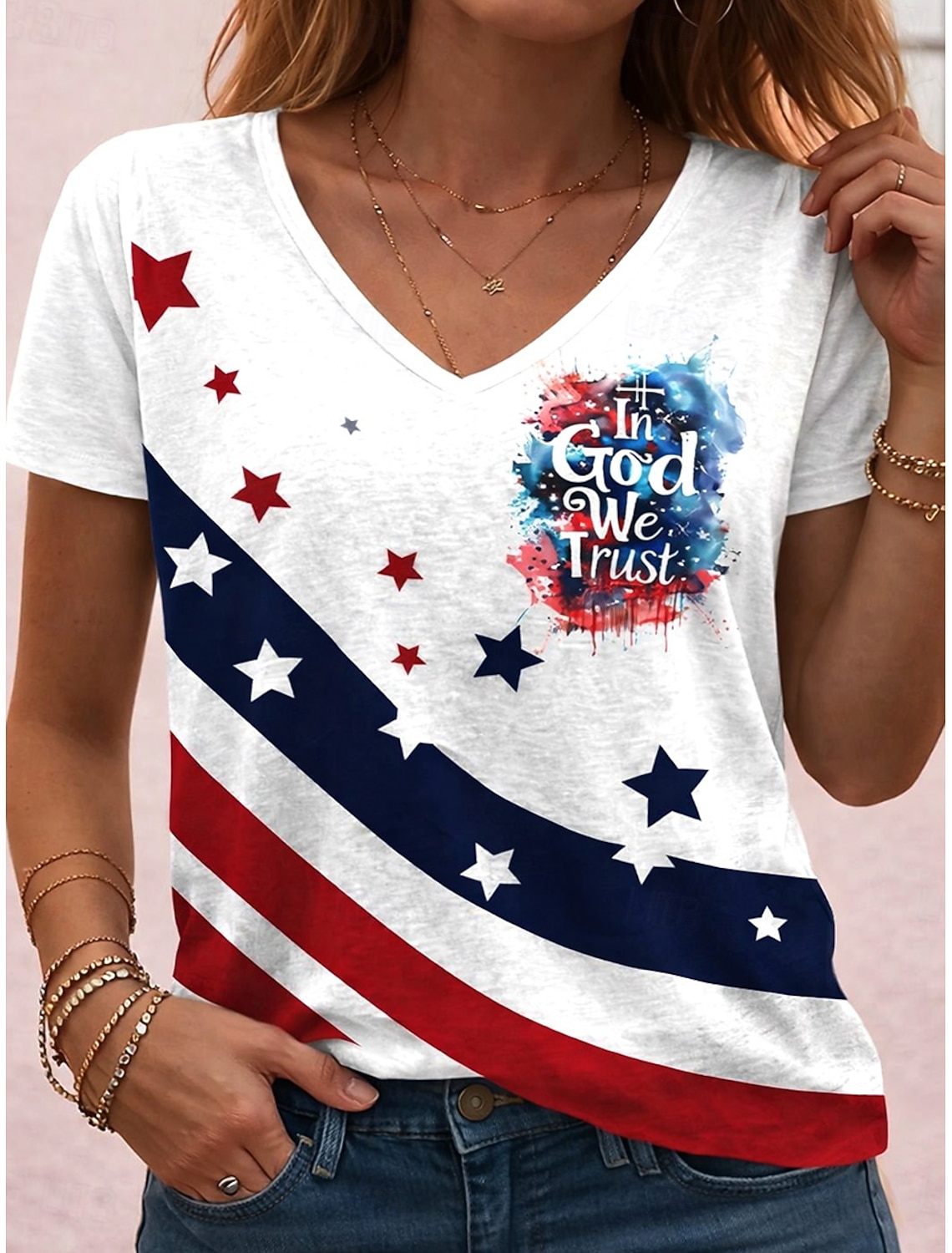 American Independence Day Women's T Shirt Print Graphic Flag Vintage Stylish Classic Short Sleeve V Neck Regular Tops Daily Blue White Red Summer Spring