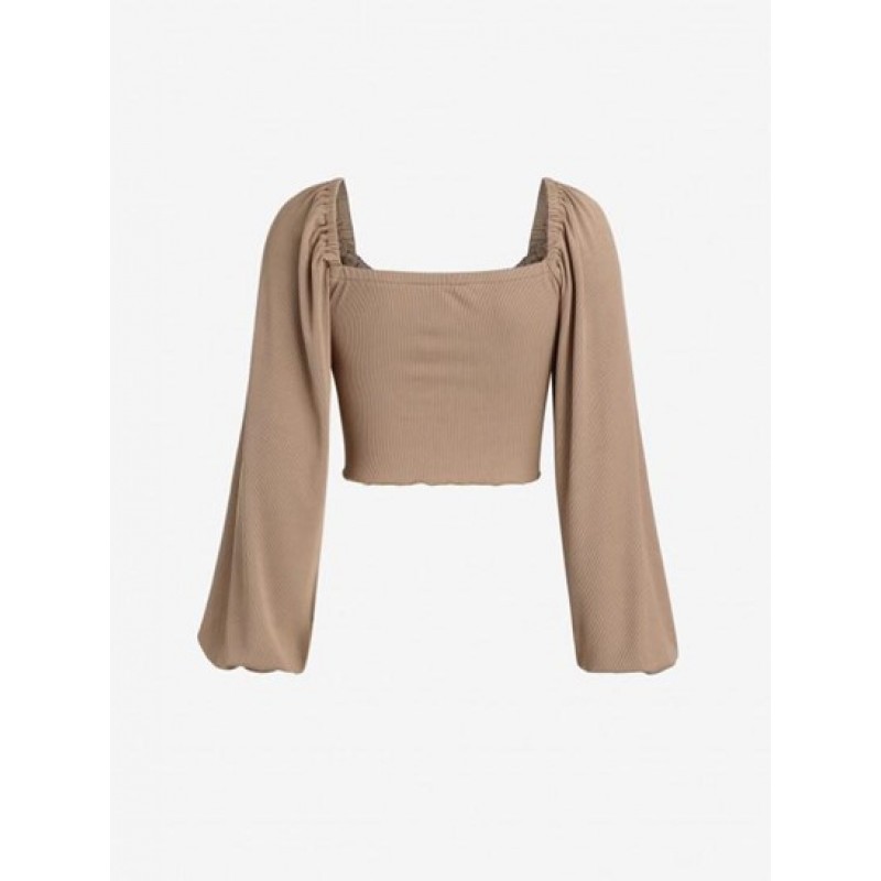 Ribbed Lantern Sleeve Crop T Shirt XY1311