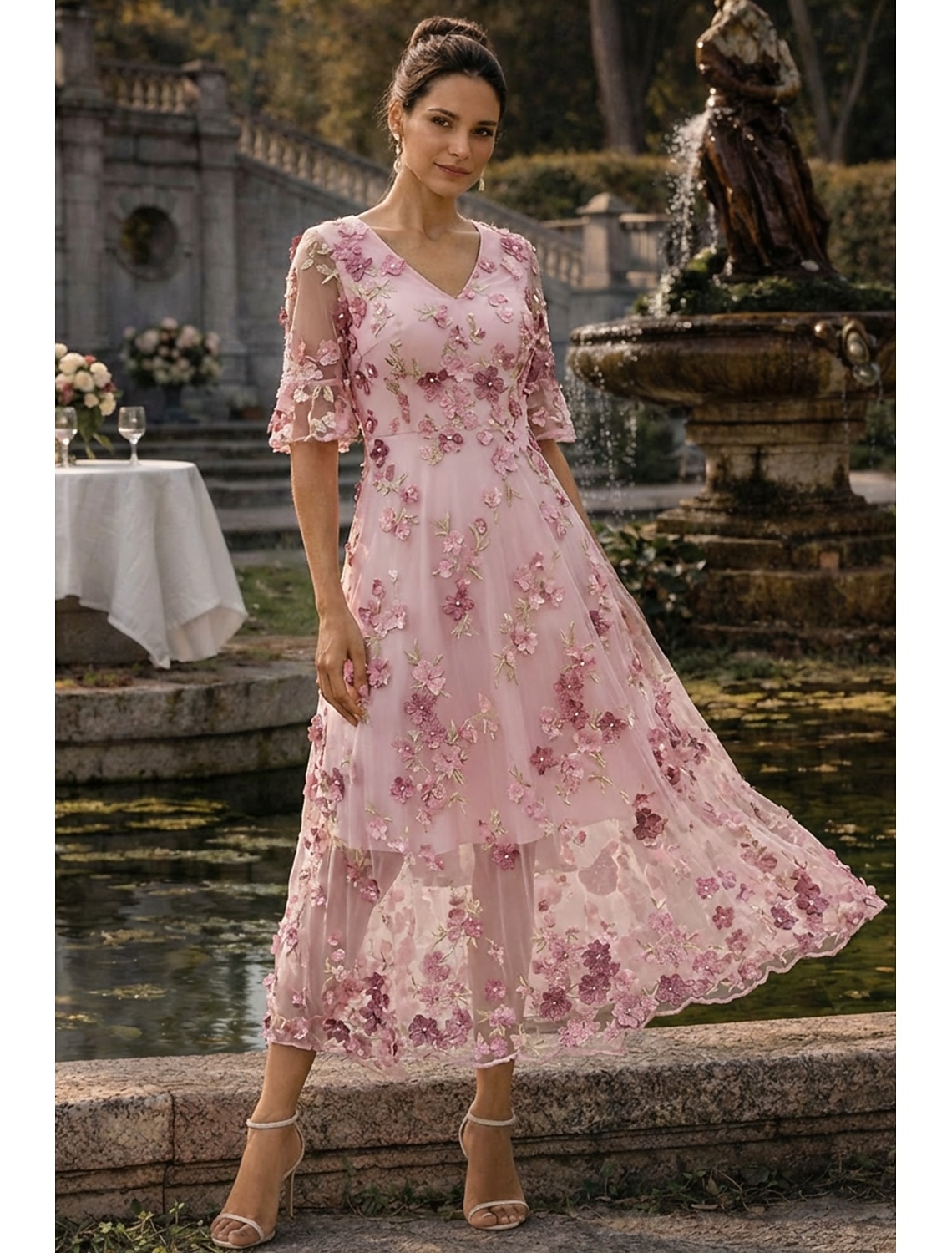 A-Line Dress Ankle Length Tea Length Maxi Dress Party Dress Cocktail Dress Mother of the Bride Dress Short Sleeve V Neck Elegant Vintage Luxurious Formal Wedding Guest Kentucky Derby Chiffon Tulle
