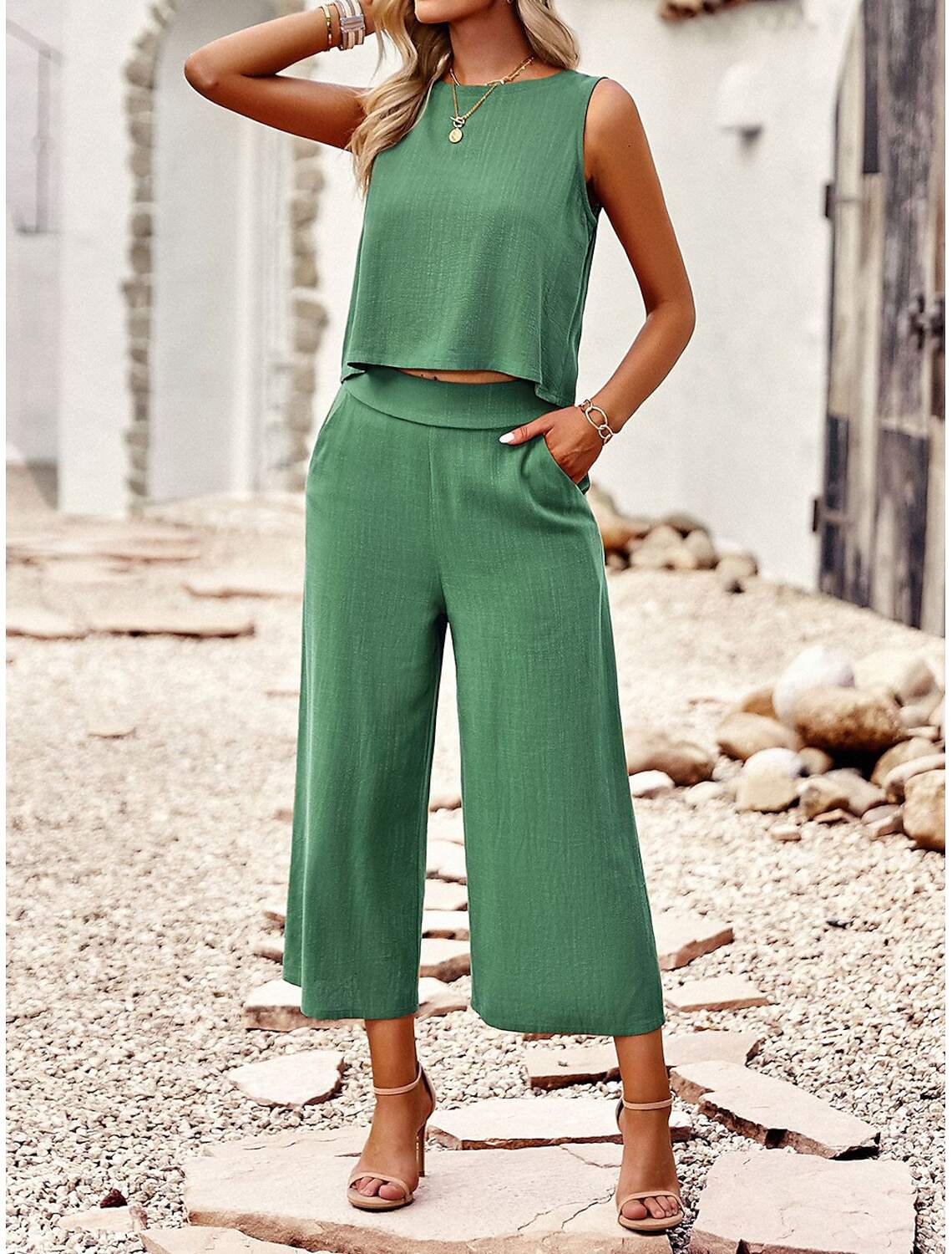 Tank Top Pants Sets Women's Solid Color Casual Daily Fashion Round Neck Regular Fit S