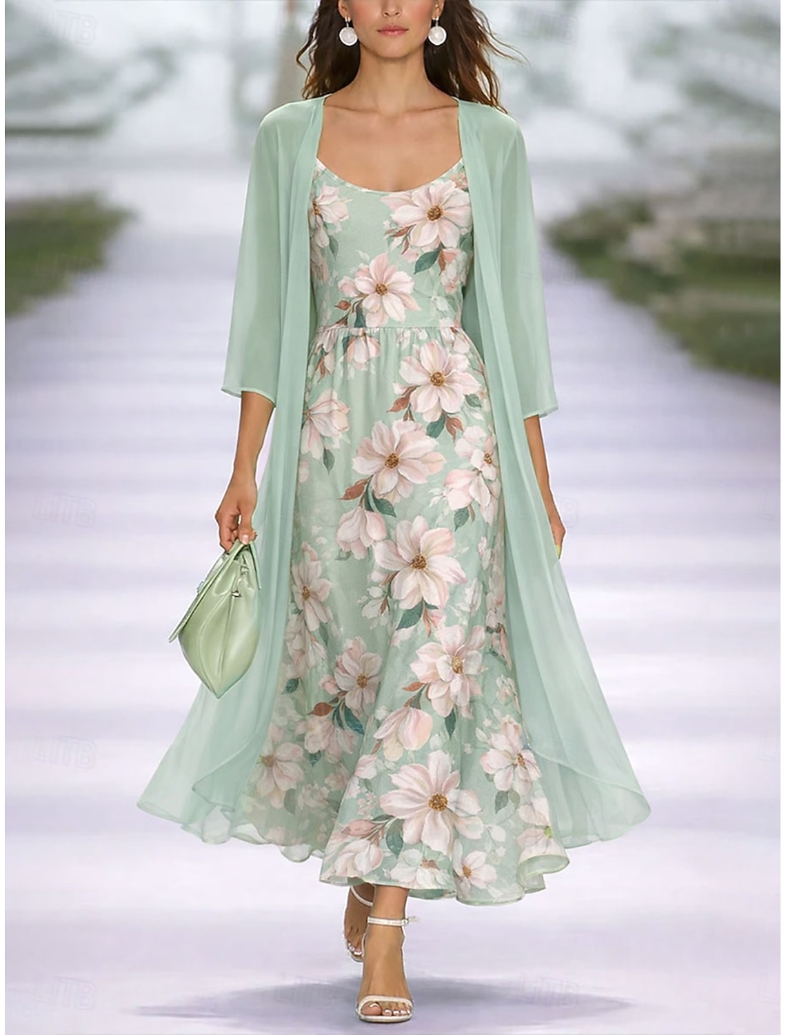 Women's Dress Set A Line Dress Elegant Vacation Floral Graphic Layered Print Maxi Dress 3/4 Length Sleeve V Neck Daily Vacation Pink Purple Orange Summer Spring Regular Fit