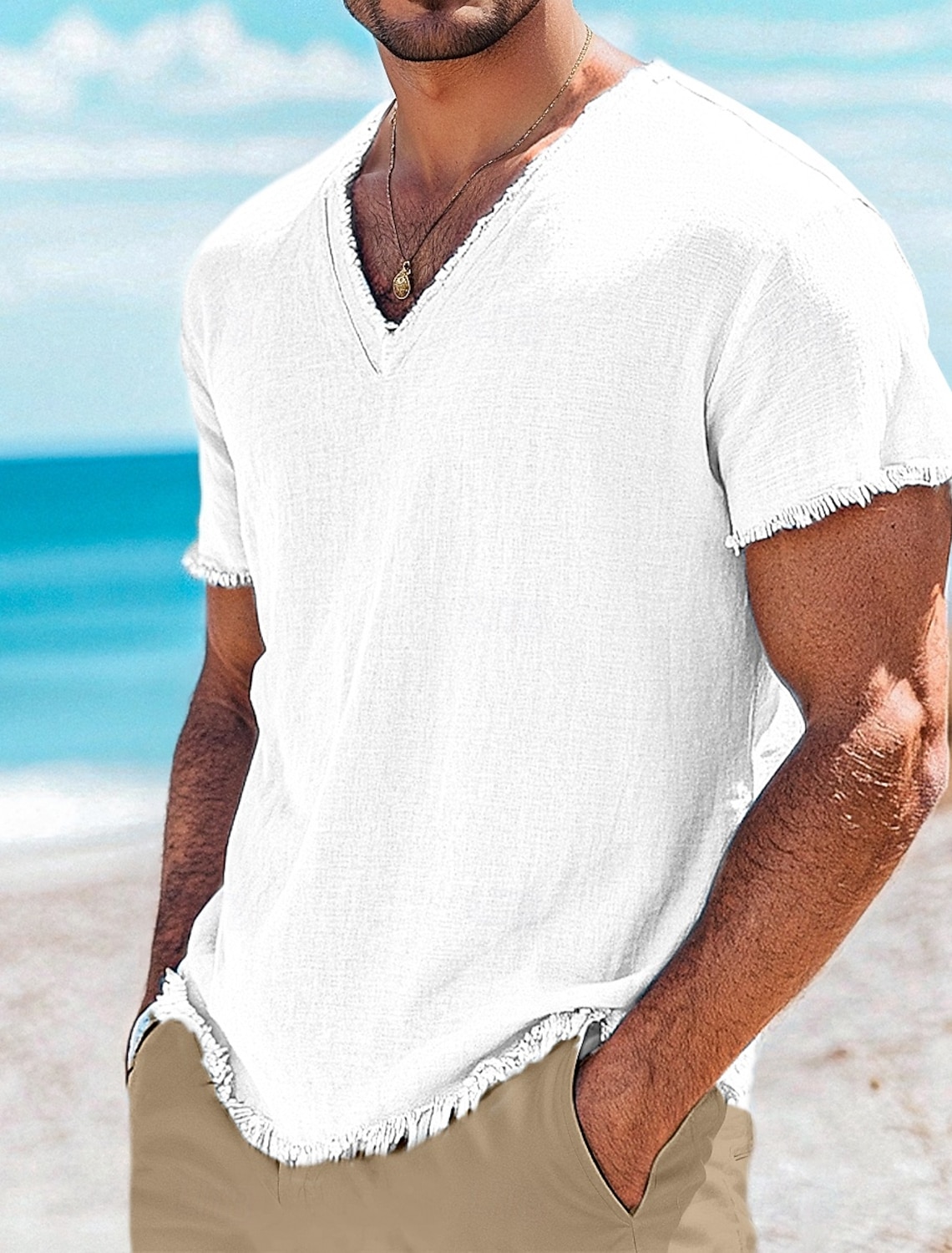 Men's Tee Top Linen T-Shirt Short Sleeves V Neck Summer Plain Fashion
