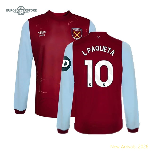 2023-2024 West Ham Long Sleeve Home Shirt (Kids) (L PAQUETA 10)