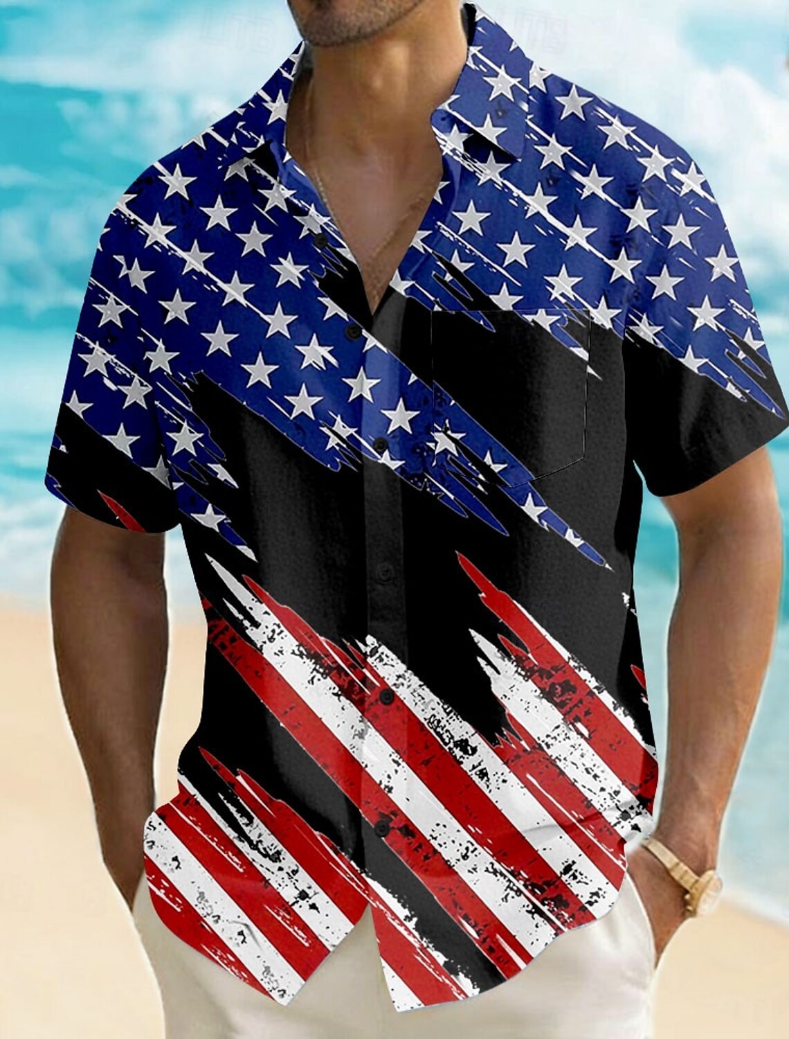 Men's 4th of July U.S. 250th Anniversary American Flag Shirt Summer Shirt Button Up Shirt Short Sleeve Patriotic Outdoor Holiday Summer Spring Turndown 3D Print Front One Pocket Linen Like Shirt Blue