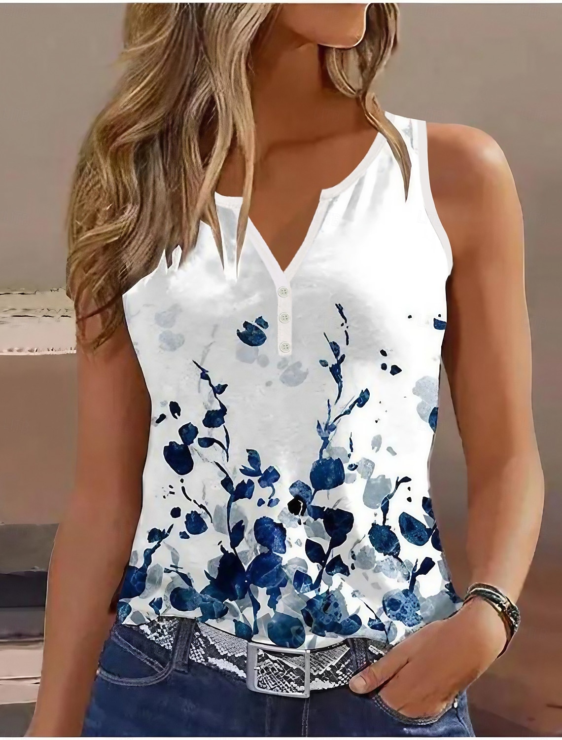 Women's Tank Top Basic Floral Buttons Print Sleeveless Regular Tops V Neck Casual Holiday