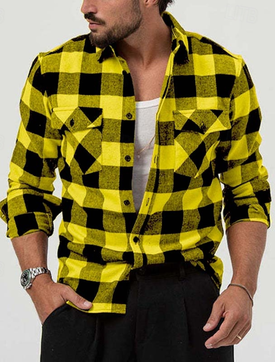 Men's Shirt Flannel Overshirt Plaid Outdoor Street Yellow Blue Long