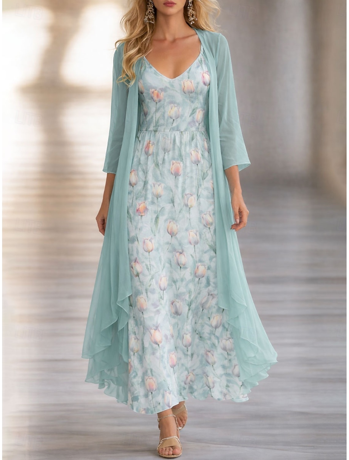 Women's Dress Set A Line Dress Elegant Vacation Floral Graphic Layered Print Maxi Dress 3/4 Length Sleeve V Neck Daily Vacation Blue Yellow Purple Summer Spring Regular Fit