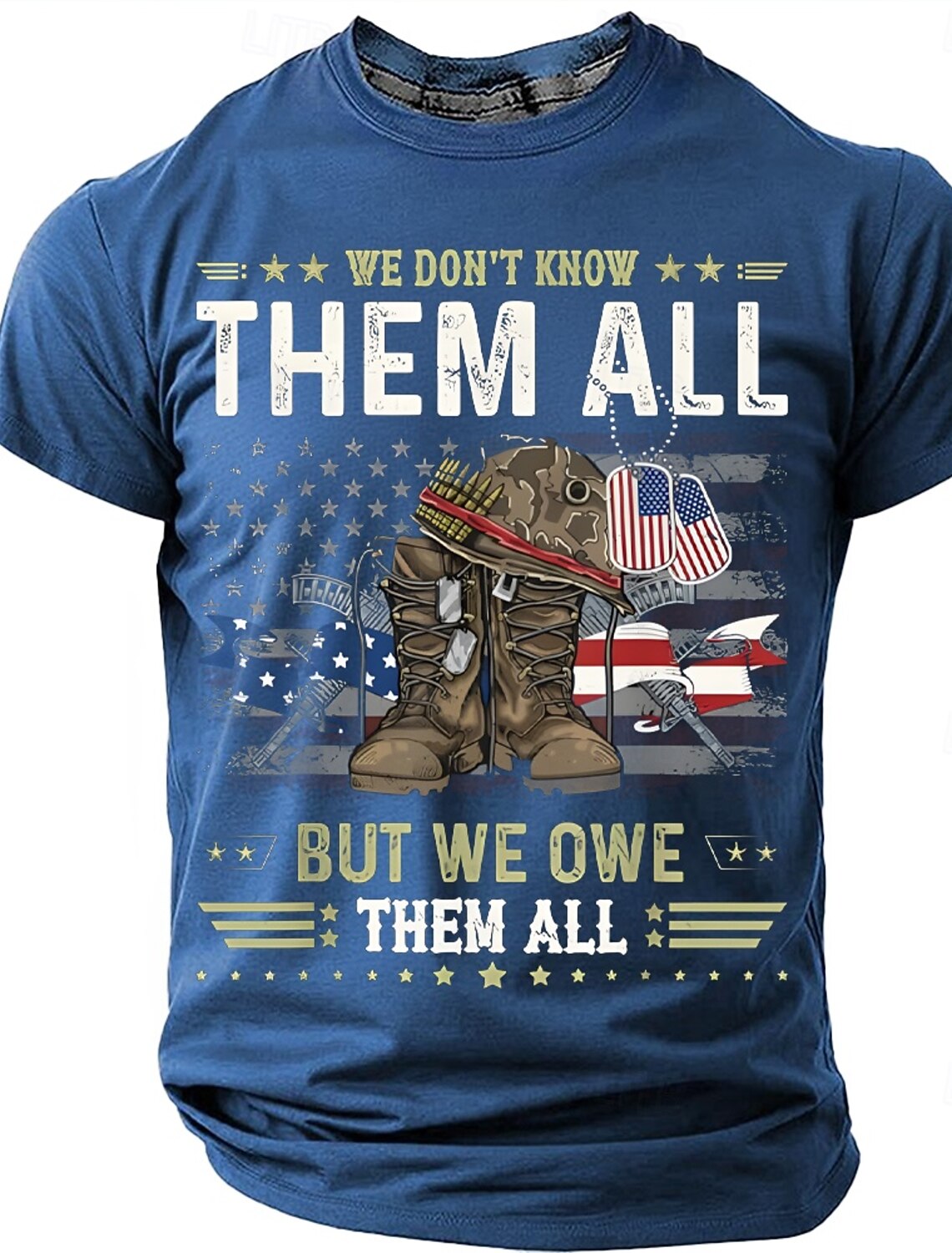 Memorial Day We Don't Know Them All But We Owe Them All Men's Combat Boots Dog Tags American Flag Patriotic Graphic T Shirt Distressed Vintage Short Sleeve Tee Designer Clothing Apparel S M L XL XXL X