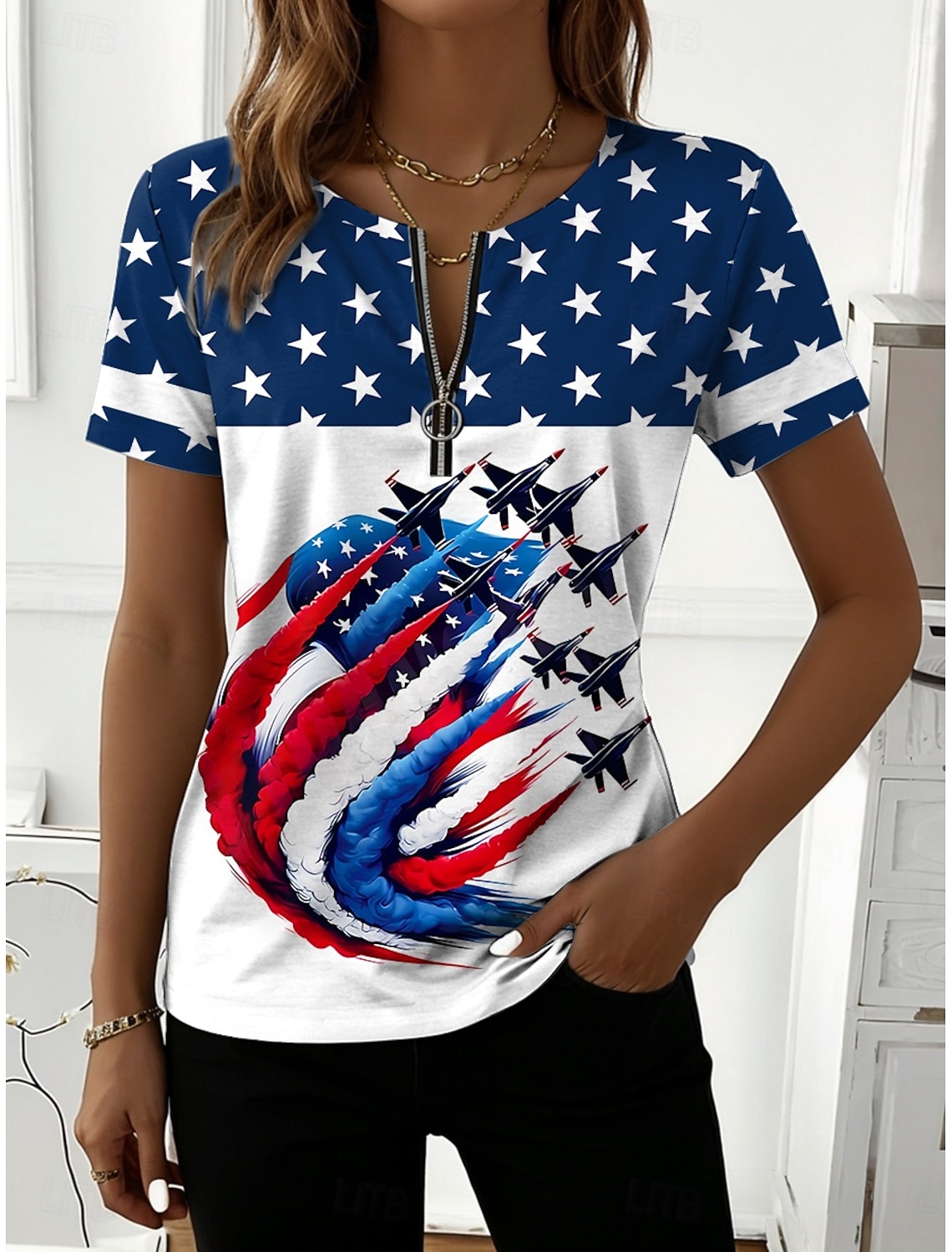 American Independence Day Women's T Shirt Print Graphic American Flag Vintage Stylish Classic Short Sleeve V Neck Regular Tops Casual Daily White-Blue White Red White Summer Spring Fall Winter