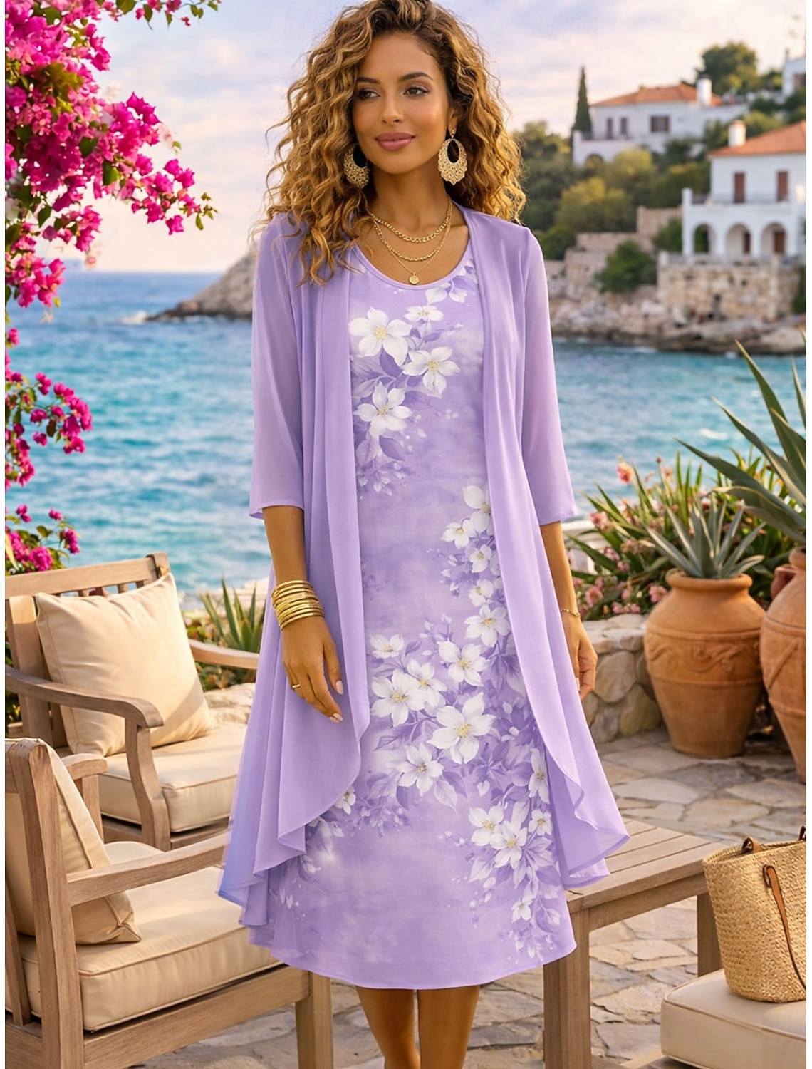 Women's Dress Set A Line Dress Elegant Vacation Floral Graphic Layered Print Midi Dress Half Sleeve Crew Neck Daily Vacation Blue Purple Summer Spring Regular Fit
