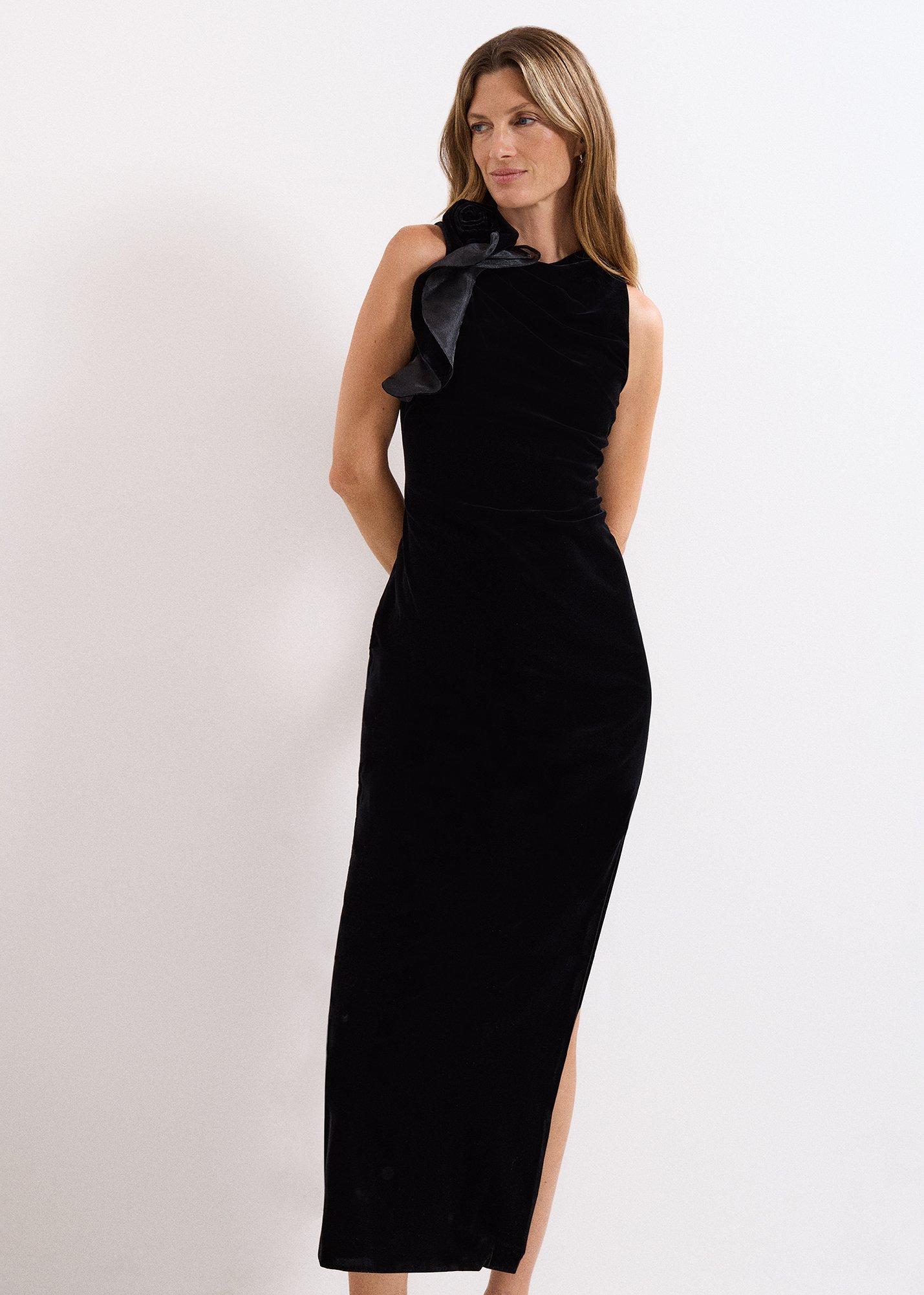 Melony Black Velvet Ruffle Maxi Dress