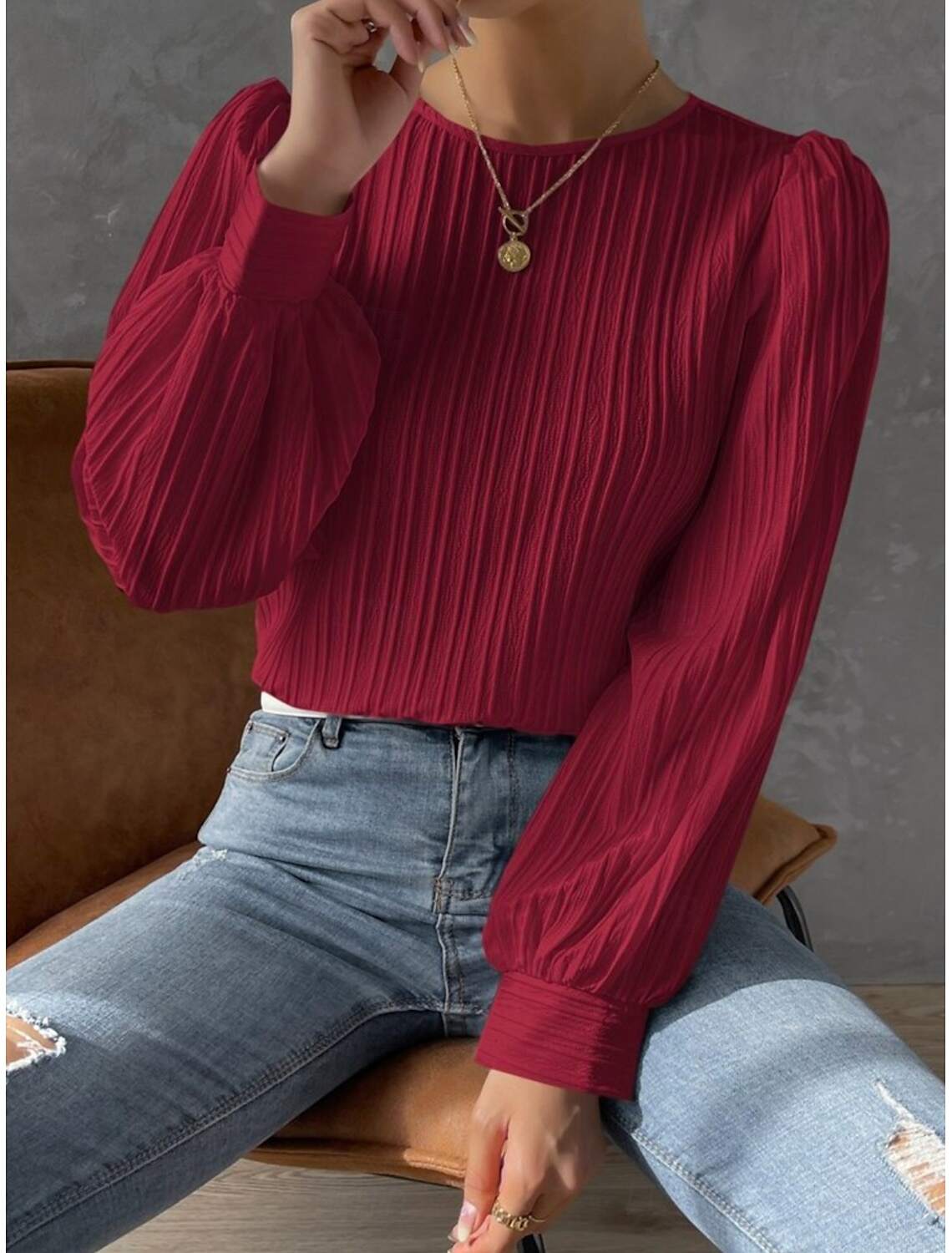 Women's Tunic Elegant Casual Solid Color Lantern Sleeve Long Sleeve Regular Tops Crew Neck Daily Spring Fall