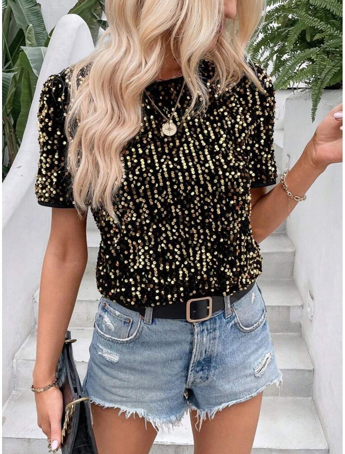 Women's T Shirt Fashion Modern Casual Plain Regular Tops Short Sleeve Crew Neck Sequins Regular Fit Daily Weekend Summer Spring