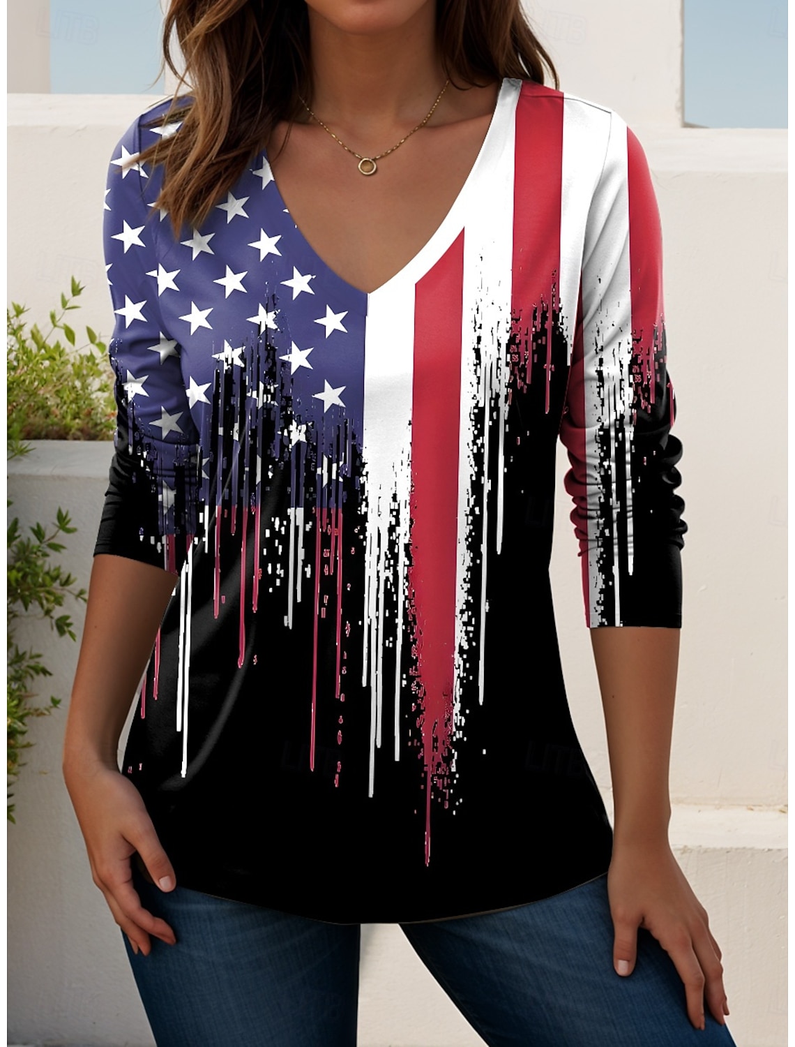 American Independence Day Women's Blouse Patchwork Buttons Print Graphic American Flag Vintage Stylish Half Sleeve V Neck Regular Tops Casual Daily Holiday Blue Red Summer Spring