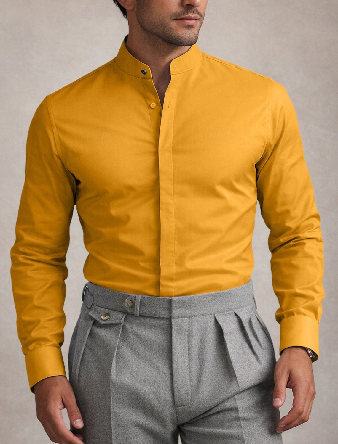 Men's Shirt Dress Shirt Non Iron Shirt Plain Daily Business Light Yellow Light Blue Black White Long Sleeve Grandad Collar All Seasons Clothing Apparel