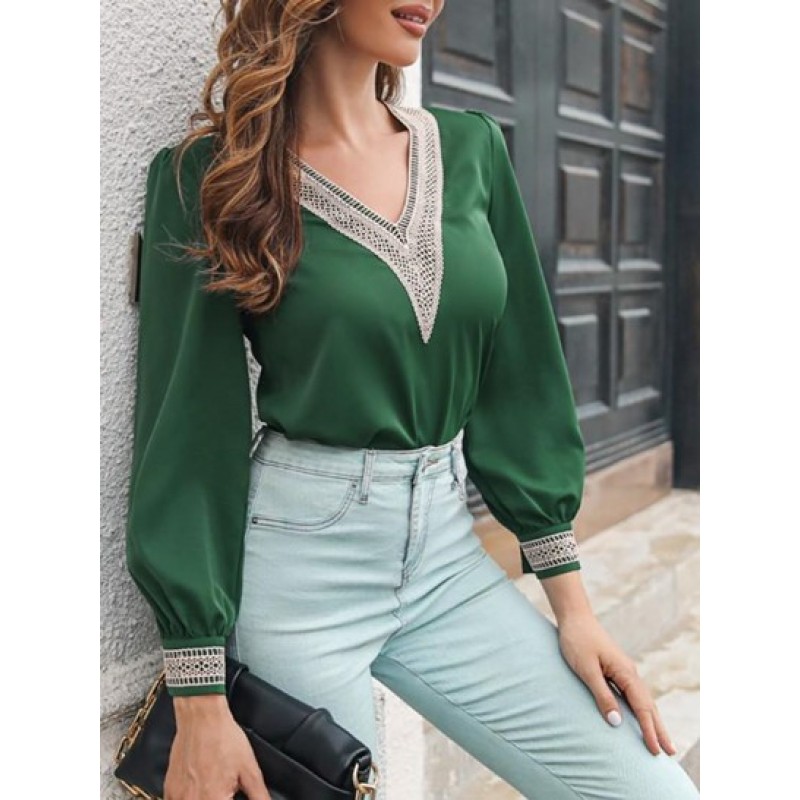 Chiffon V Neck Lace Casual Blouse VF8390