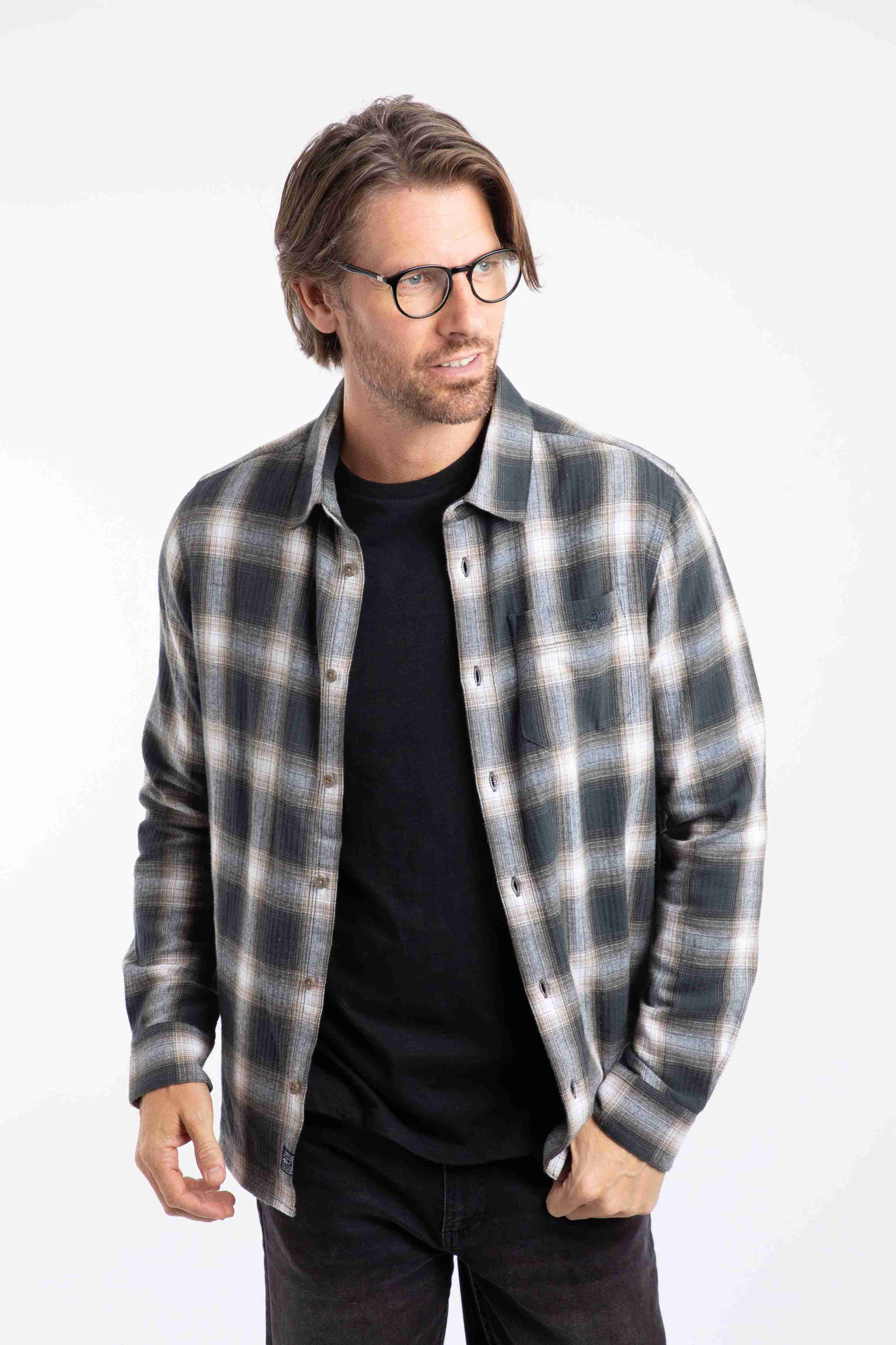 Broxton Organic Cotton Long Sleeve Herringbone Check Shirt Grey