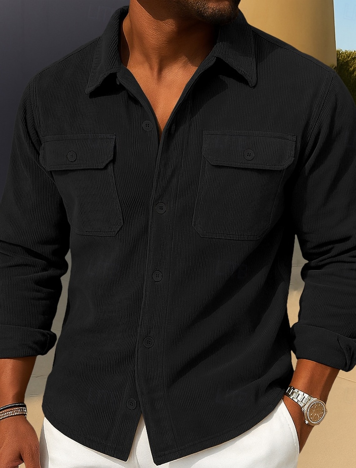 Men's Corduroy Shirt Black Purple Brown Gray Long Sleeve Plain