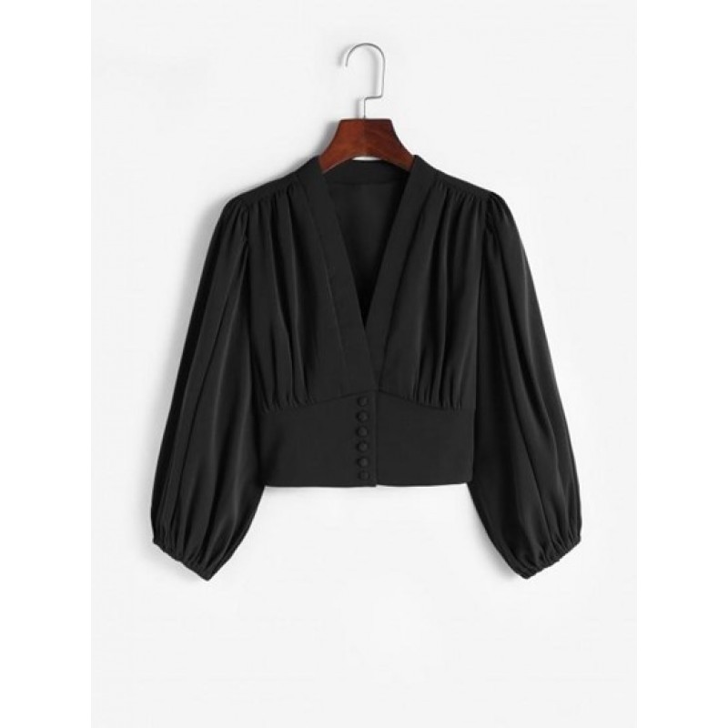 Lantern Sleeve Button Up Crop Corset Blouse RC2736