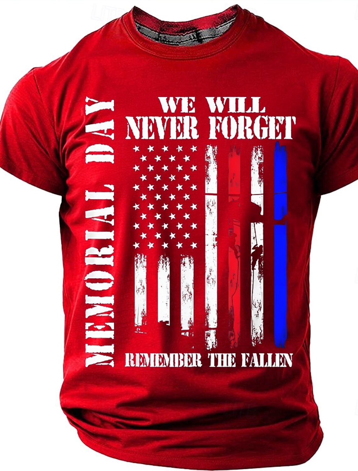 Memorial Day We Will Never Forget Remember The Fallen Men's American Flag Veteran Silhouette Patriotic Graphic T Shirt Distressed Vintage Short Sleeve Casual Tee Designer Clothing Apparel S M L XL XXL