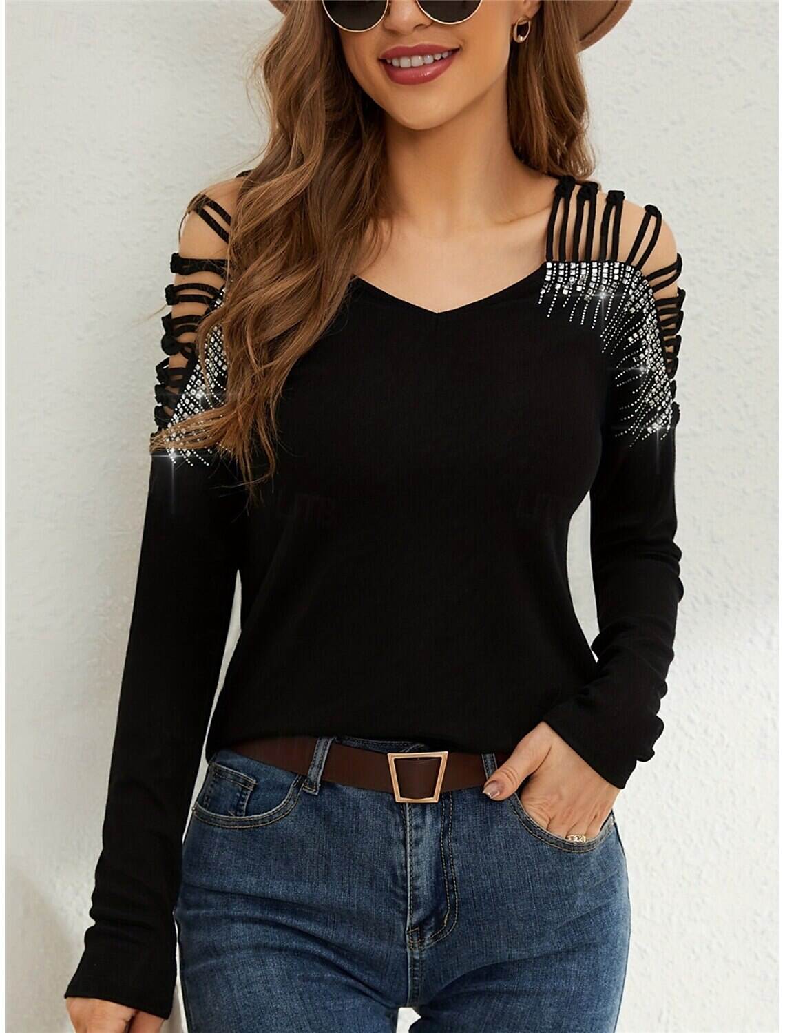 Women's T Shirt Fashion Modern Casual Plain Regular Tops Long Sleeve V Neck Patchwork Cut Out Regular Fit Daily Weekend Fall