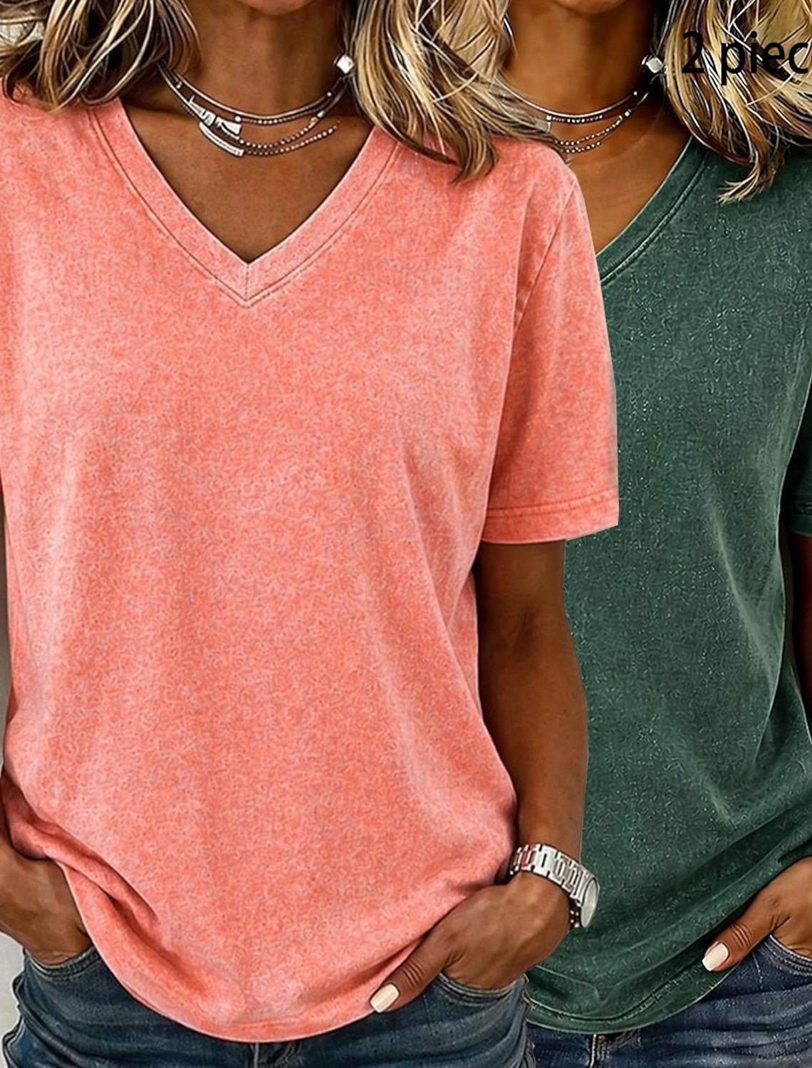 Women's 100% Cotton 2 Pieces Set T Shirt Basic Classic Modern Short Sleeve Crew Neck Regular Tops Casual Daily Going out Black / Red White+Pink White / Black Green / Blue White+Orange Summer Spring