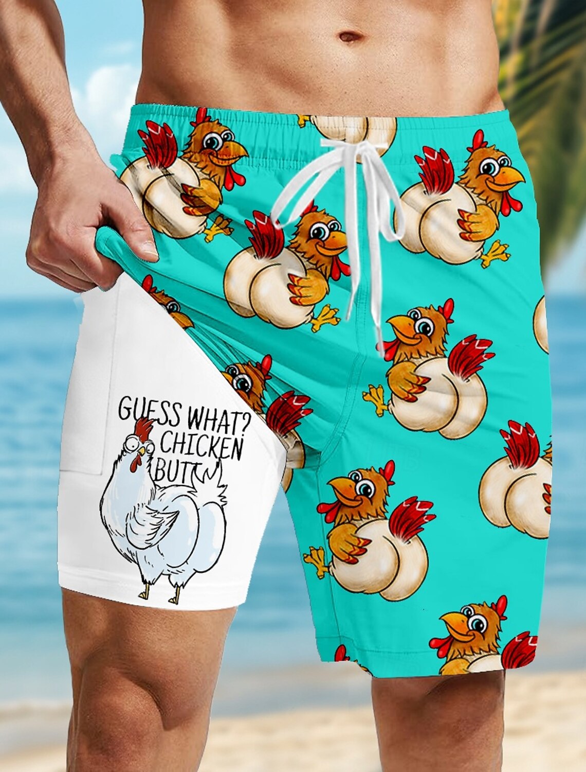 Men's Flamingo Bird Lined Shorts Swim Board Mid Waist Hawaiian