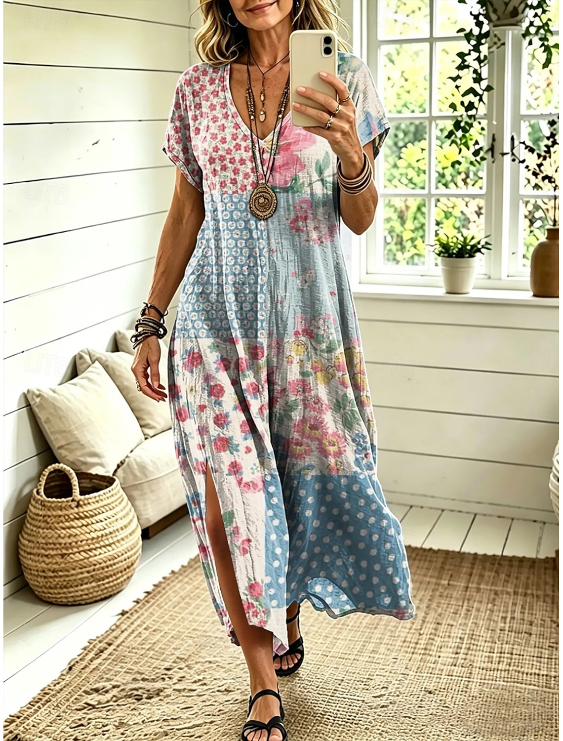 Women's Midi Dress A Line Dress Casual Loose Fit Floral Abstract Short Sleeve V Neck Blue Red Sky Blue Green Summer Spring