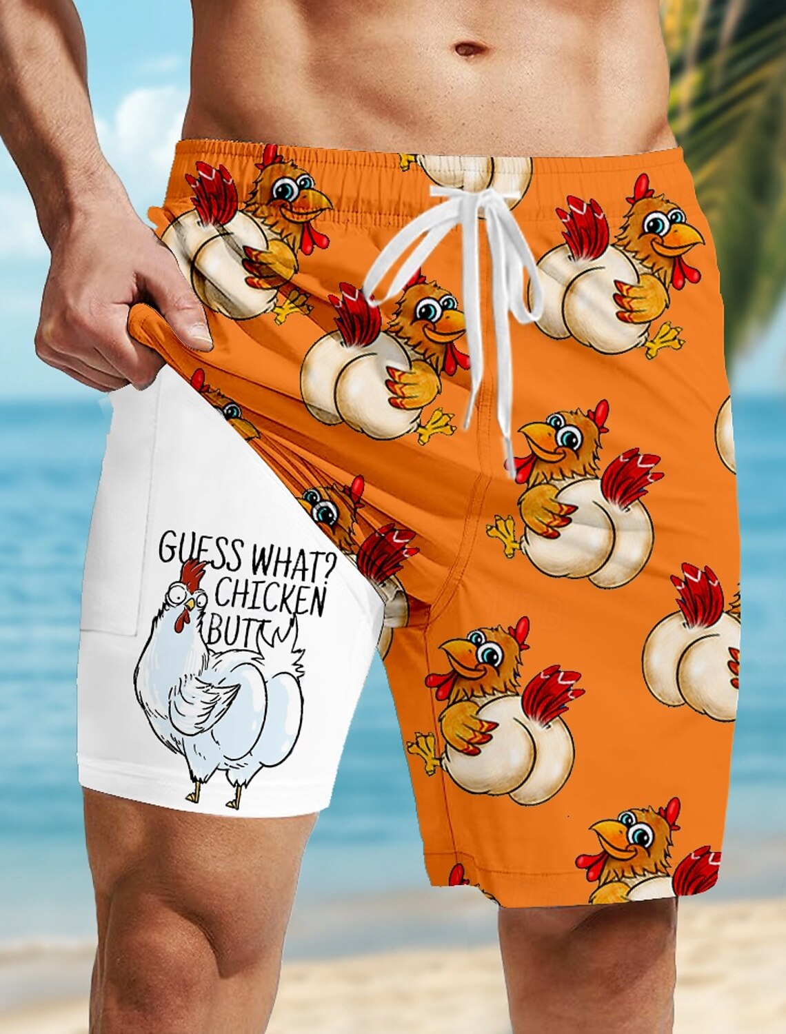 Men's Flamingo Bird Lined Shorts Swim Board Mid Waist Hawaiian