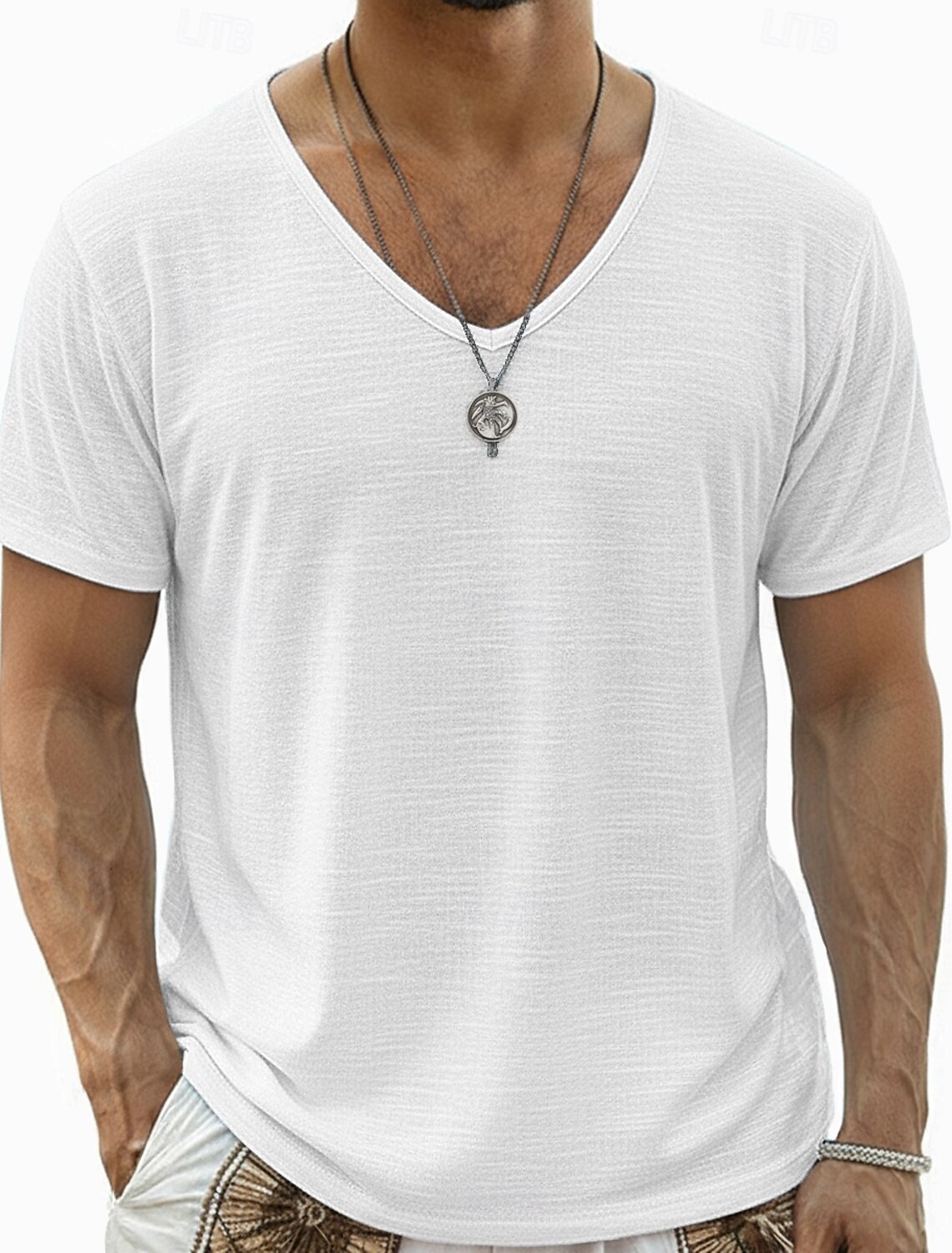 Men's Tee Top Linen T-Shirt Short Sleeve V Neck Summer Solid Color