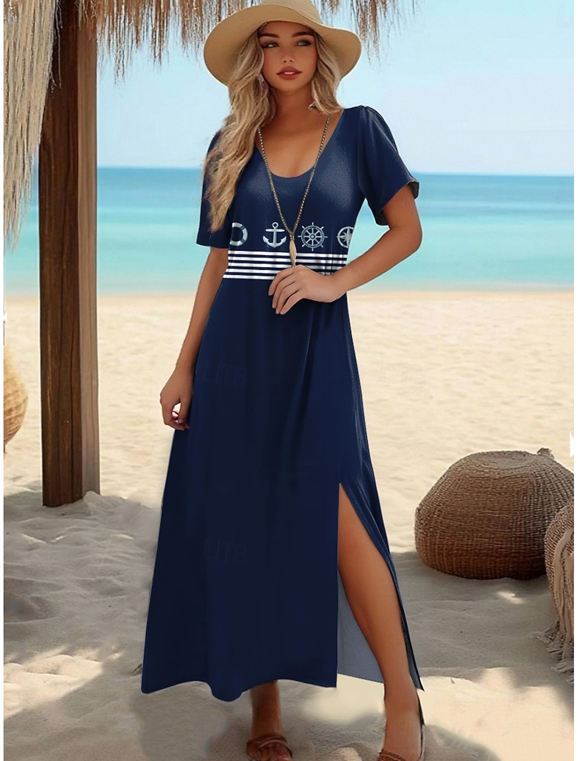 Women's Maxi Dress T Shirt Dress Tee Dress Sundress Shift Dress Summer Dress Vacation Tropical Stylish Vacation Party Holiday Regular Fit Geometric Stripe Short Sleeve Crew Neck White Dark
