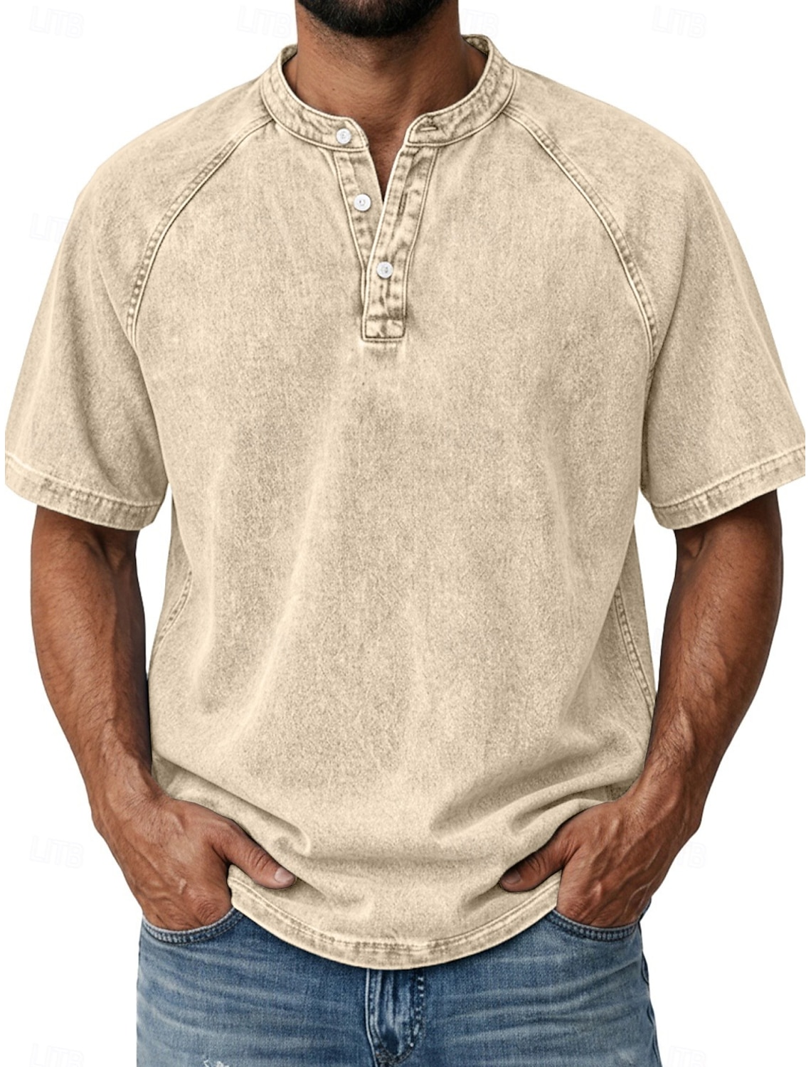 SoftFade™ Men's T Shirt Demin Shirt 100% Cotton Acid Wash Shirt Henley Top Short Sleeve Plain Vintage Streetwear Washed Raglan Sleeves Stand Collar Casual Home Street Spring Fall