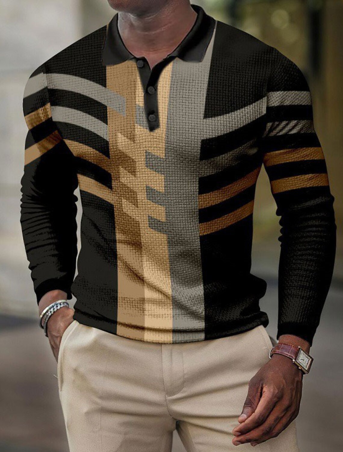 Men's Plaid Waffle Polo Shirts Golf Shirt Long Sleeve Collared Vintage